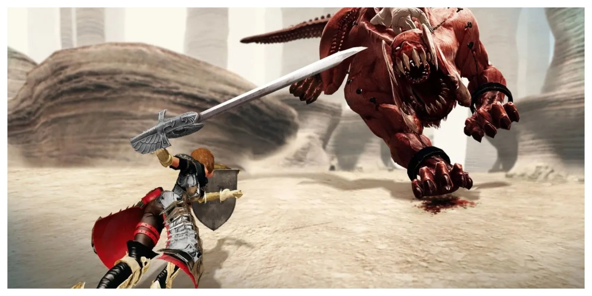 Một chiến binh trong Vindictus đang chiến đấu với quái vật khổng lồ