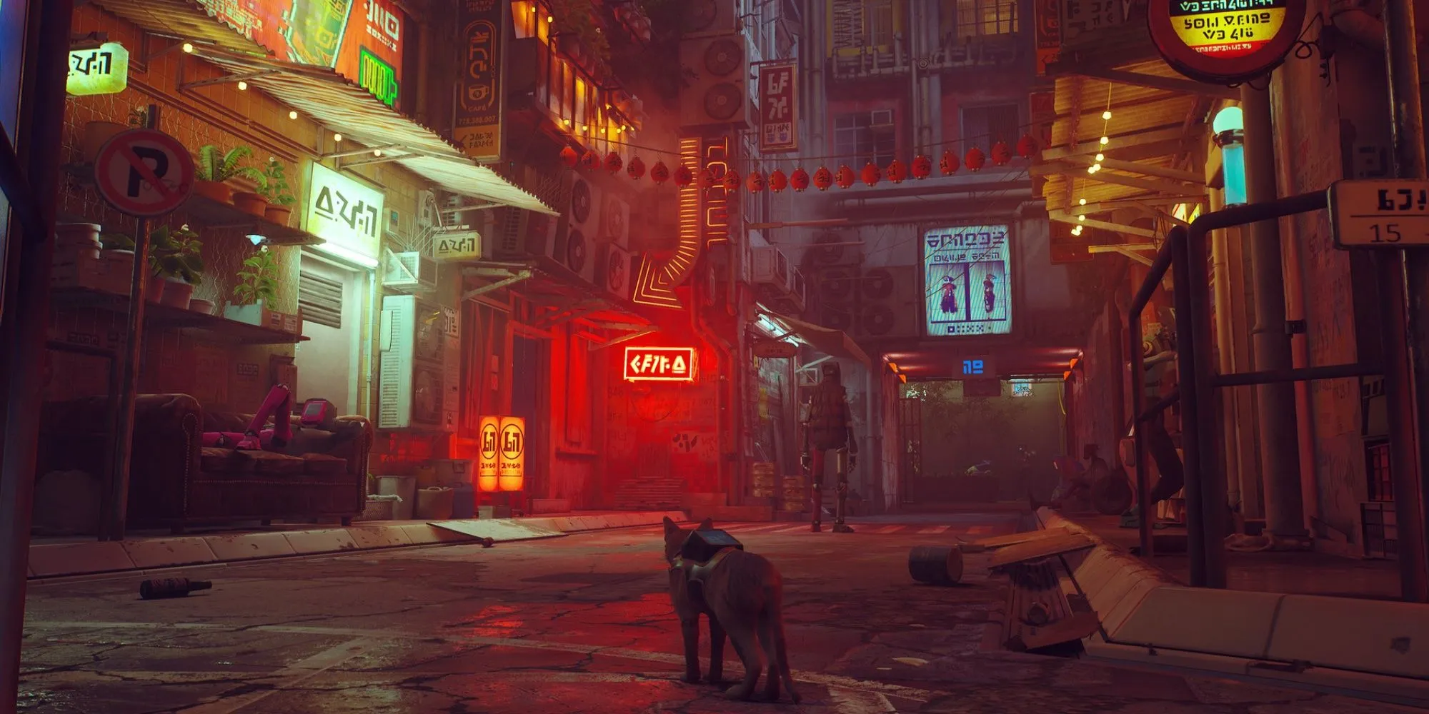 Một chú mèo giữa con phố thiếu sáng với vài biển hiệu neon phía xa trong game Stray