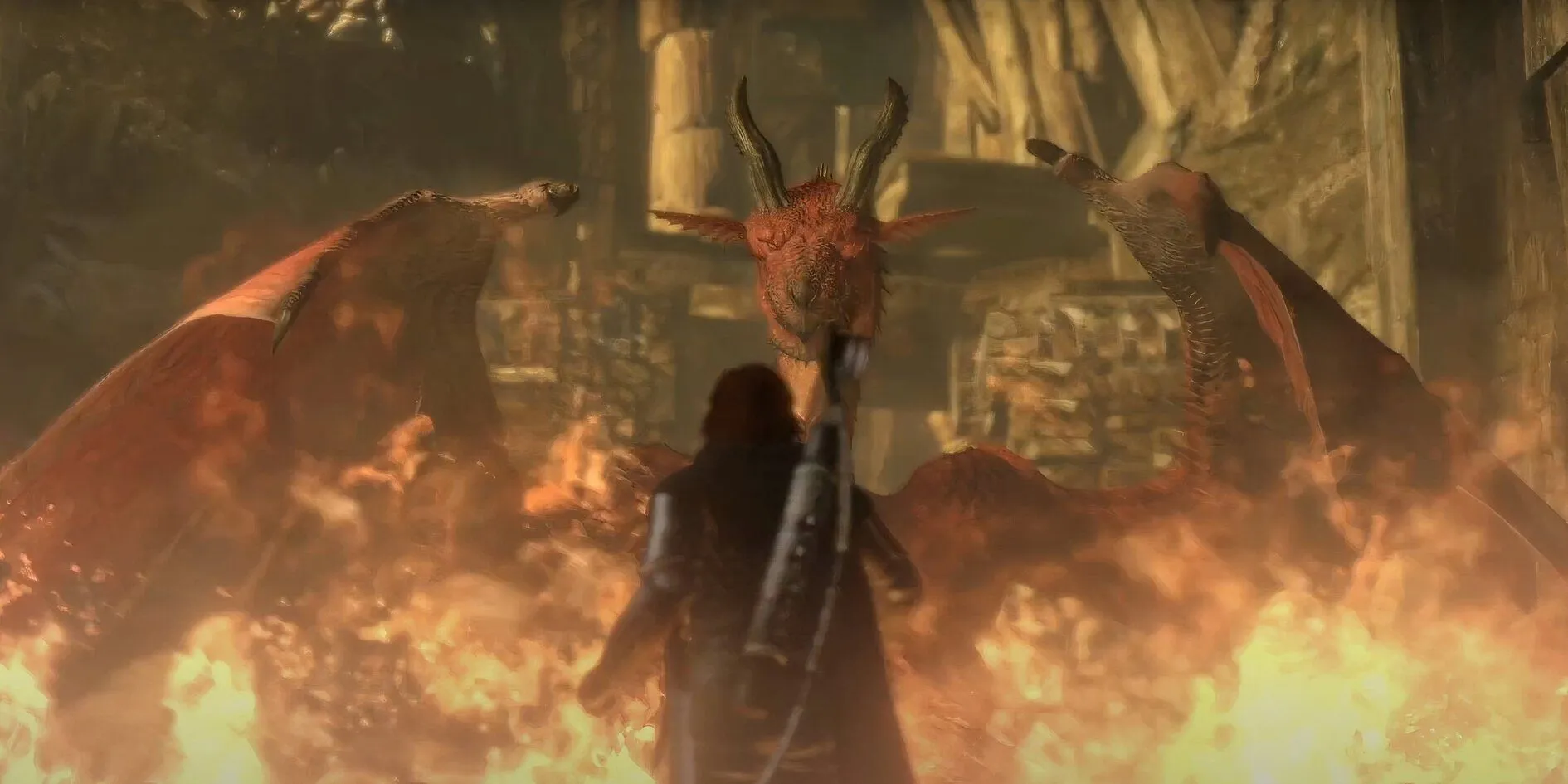 Một con rồng trong Dragon's Dogma: Dark Arisen đang phun lửa về phía người chơi