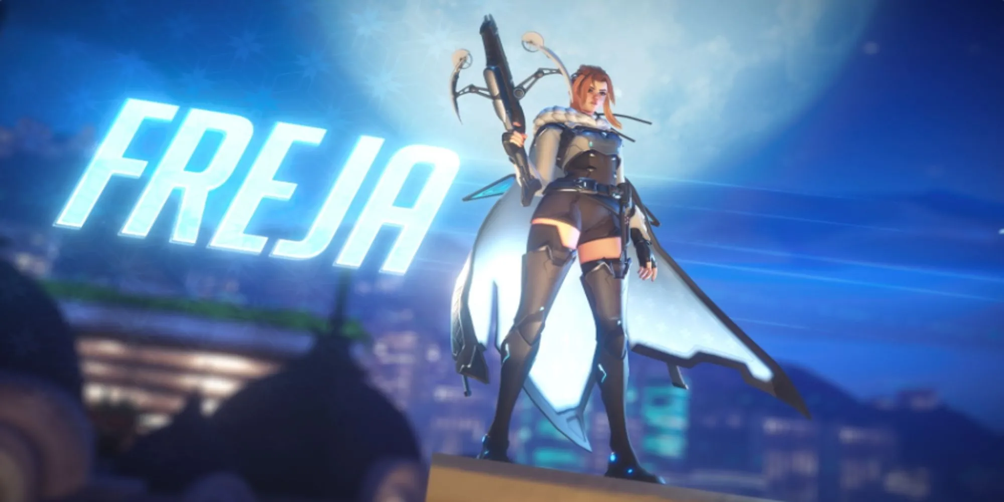 Một hình ảnh gameplay của Freja trong Overwatch 2, tập trung vào việc cô ấy sử dụng kỹ năng tấn công kẻ địch