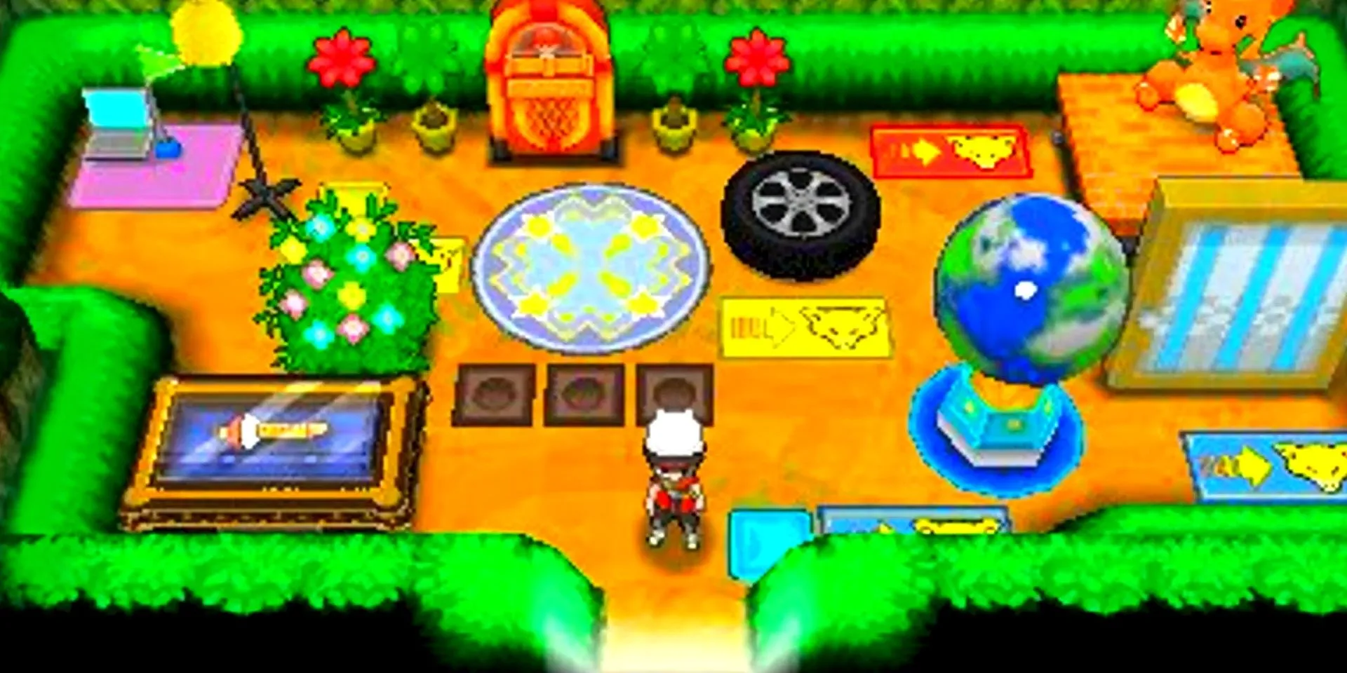 Một người chơi Pokemon đang ở trong Căn cứ Bí mật được trang trí bằng nhiều vật phẩm và Pokemon