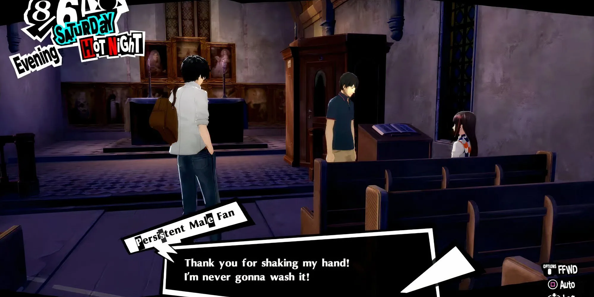 Một người hâm mộ gặp Hifumi tại nhà thờ trong Persona 5 Royal