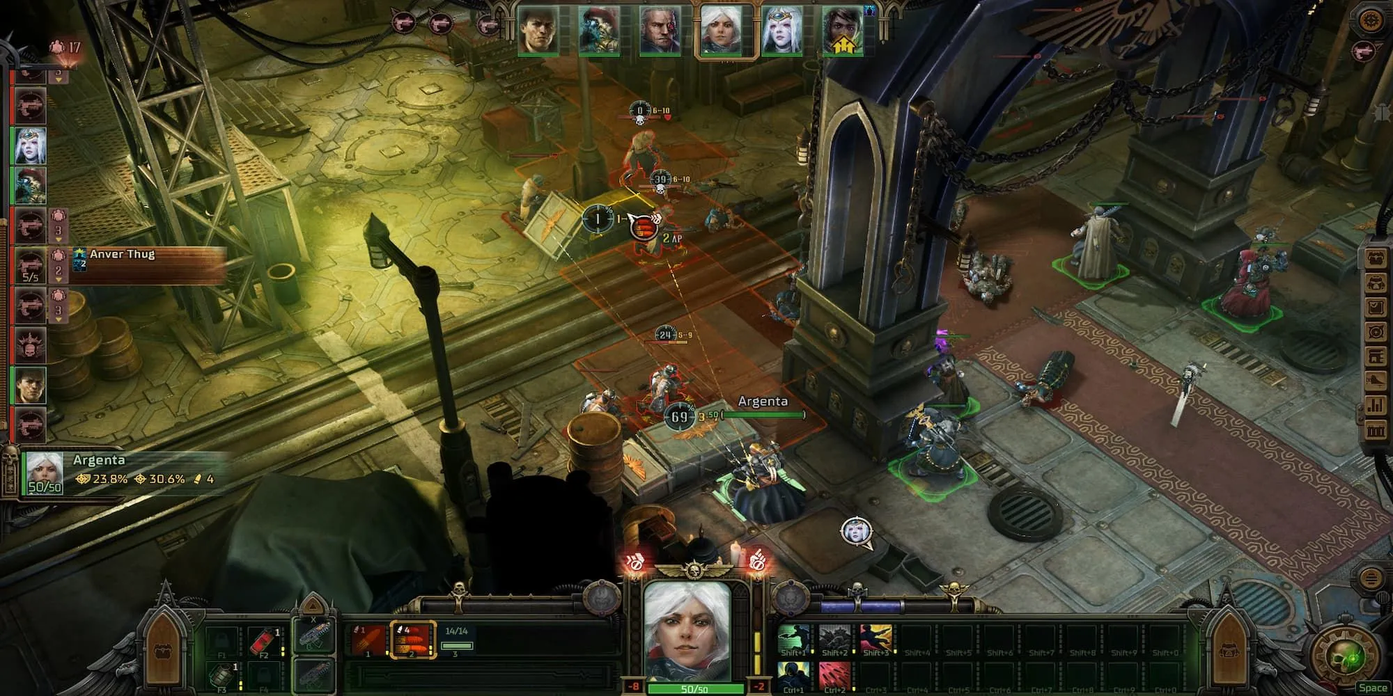 Một nhân vật đang nhắm vũ khí liên thanh vào nhiều kẻ địch trong Warhammer 40k: Rogue Trader