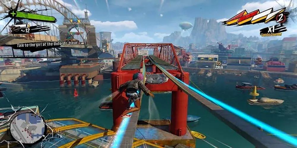 Một nhân vật đang trượt ván trên đường ray với màu sắc sặc sỡ trong game Sunset Overdrive