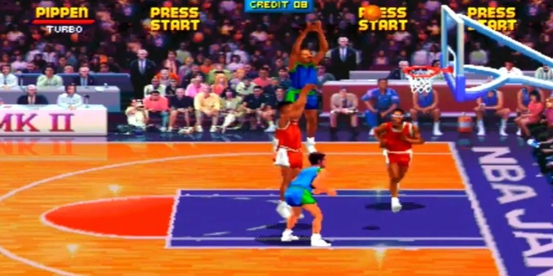 Một pha ném bóng trong game thể thao arcade NBA Jam với đồ họa phóng đại