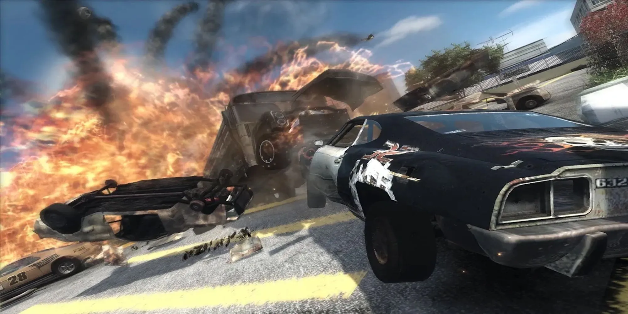 Một pha va chạm nảy lửa trong game FlatOut Ultimate Carnage, nổi tiếng với những màn đua xe phá hủy