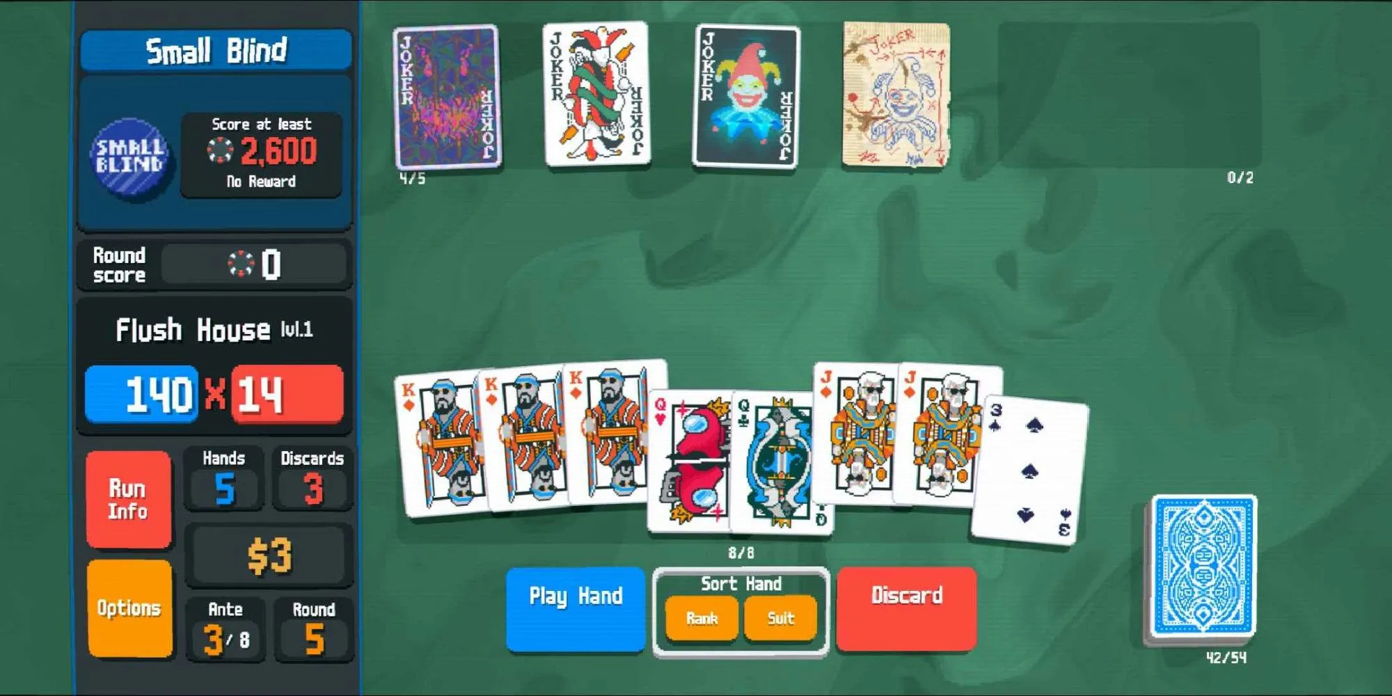 Một tay bài Flush House trong game Balatro và quan điểm của nhà phát triển về AI art