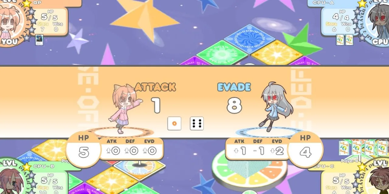 Một trận chiến trong game 100% Orange Juice với các nhân vật và hiệu ứng kỹ năng