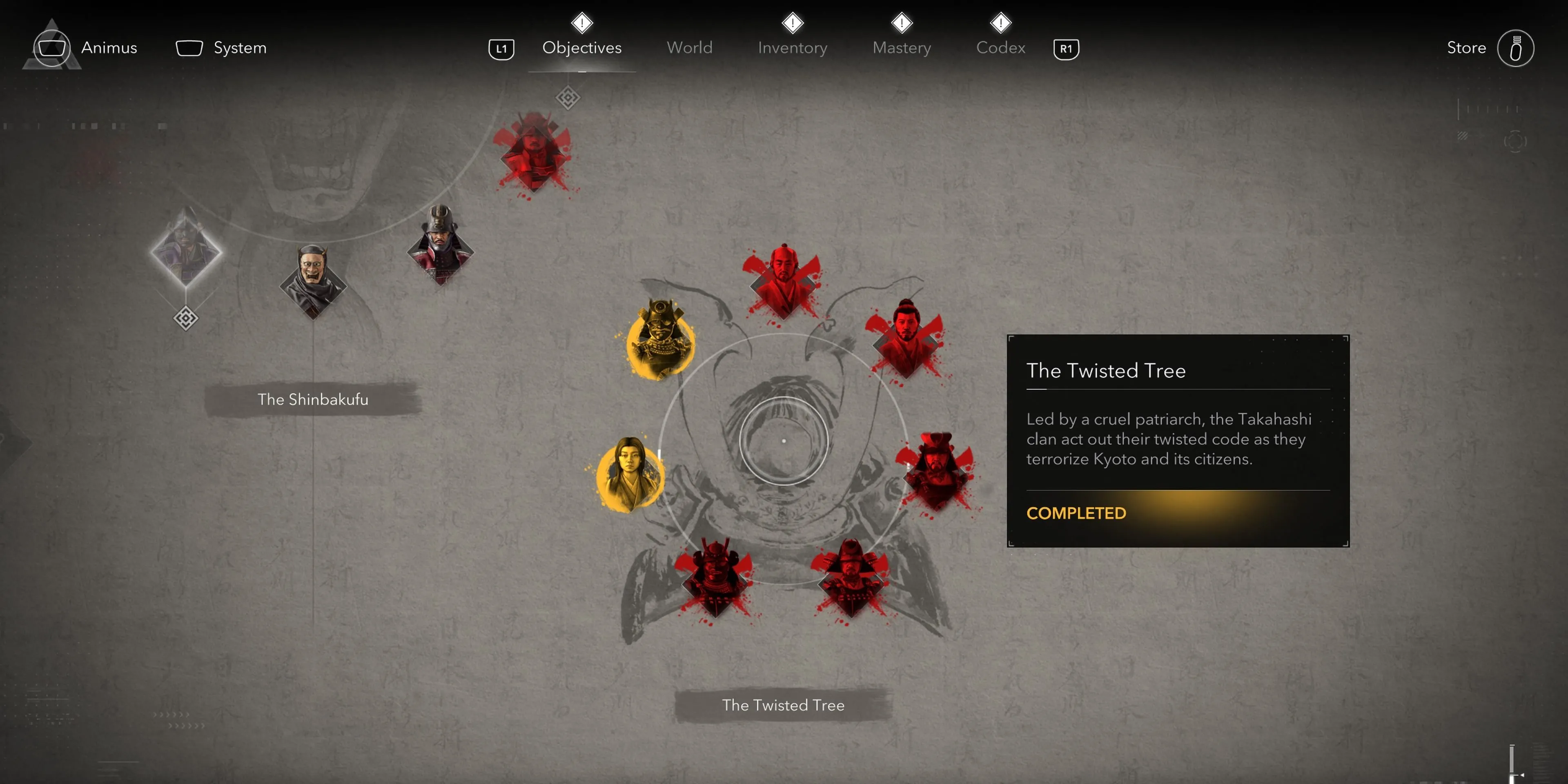 Mục tiêu samurai Twisted Tree trên bảng nhiệm vụ Assassin's Creed Shadows