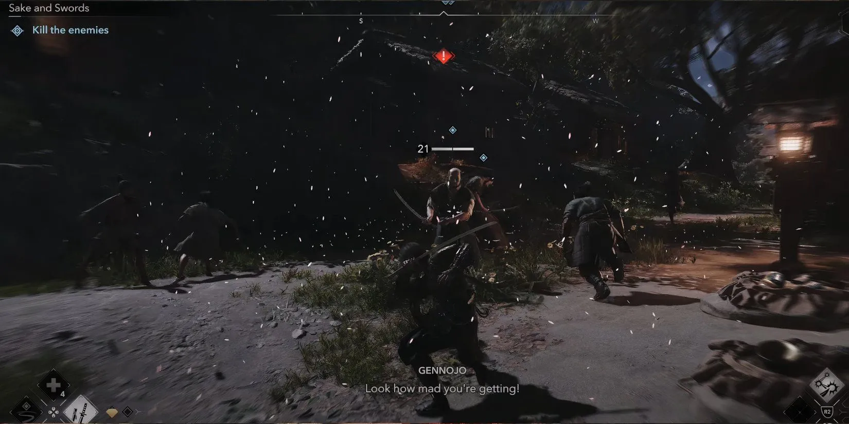 Naoe bảo vệ Gennojo trong nhiệm vụ Sake and Swords trong Assassin's Creed Shadows