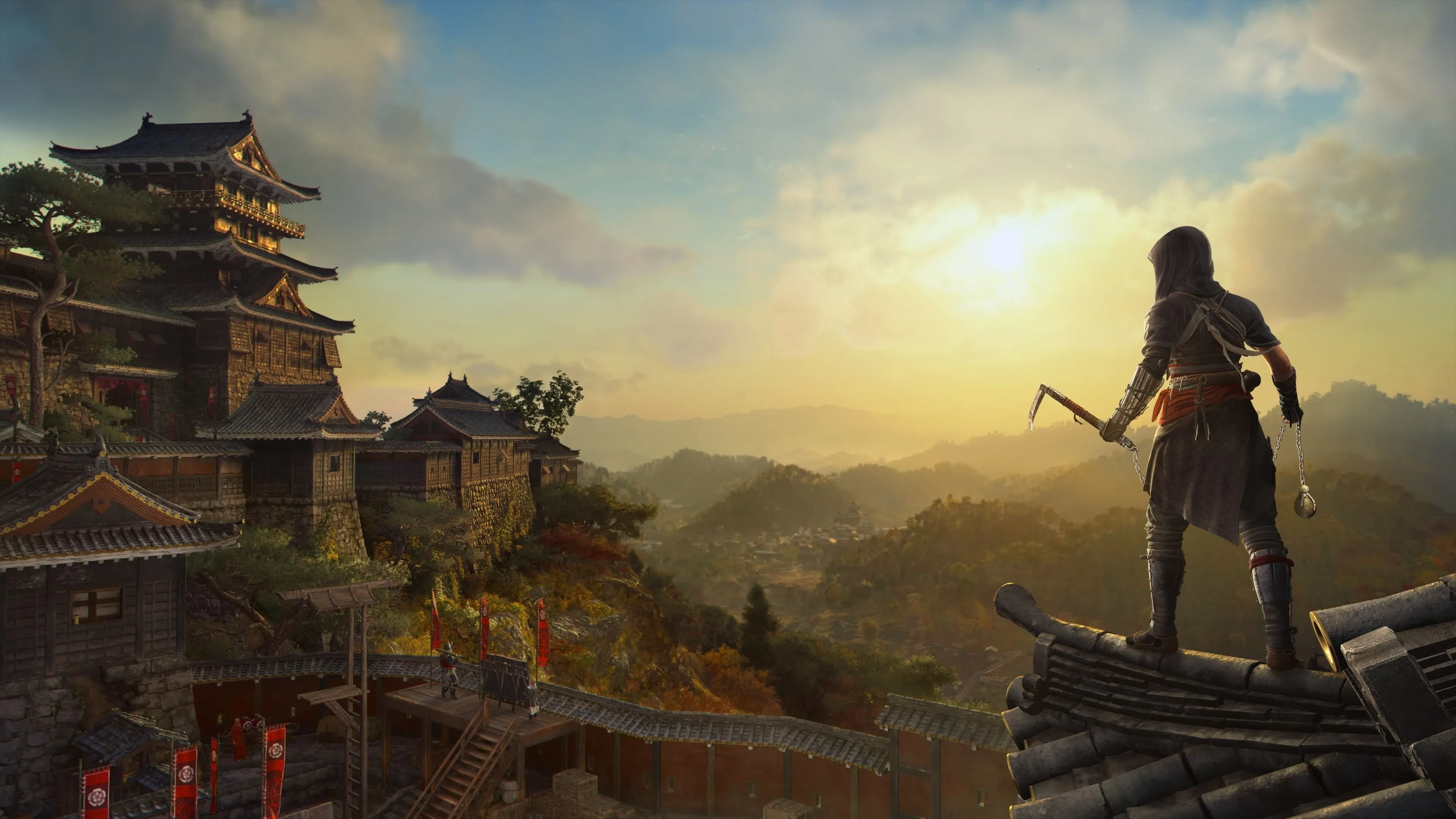 Naoe đứng trên một mỏm đá nhìn ra khung cảnh rộng lớn của Nhật Bản trong Assassin's Creed Shadows