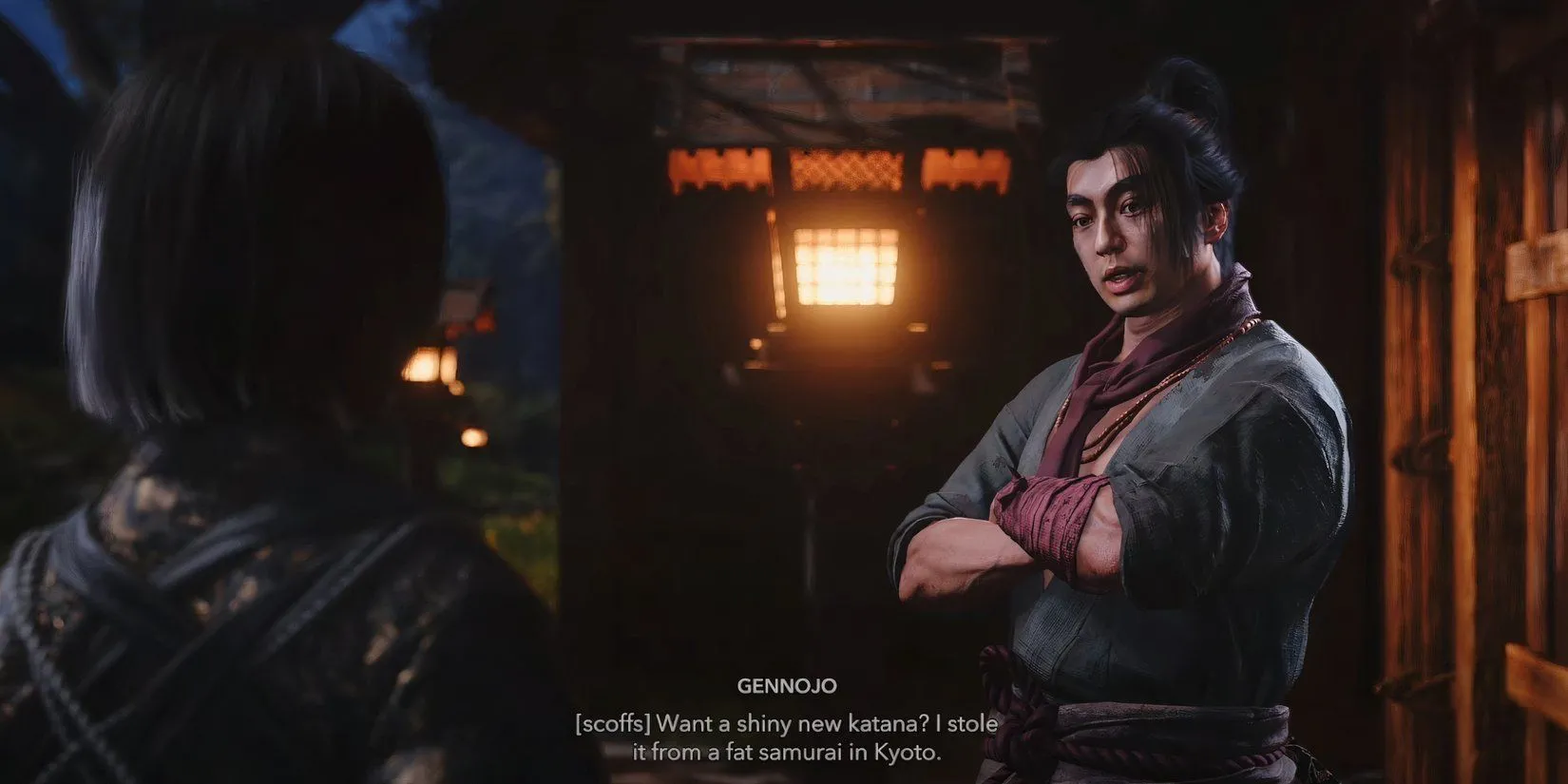 Naoe gặp Gennojo khi bắt đầu nhiệm vụ Sake and Swords trong Assassin's Creed Shadows