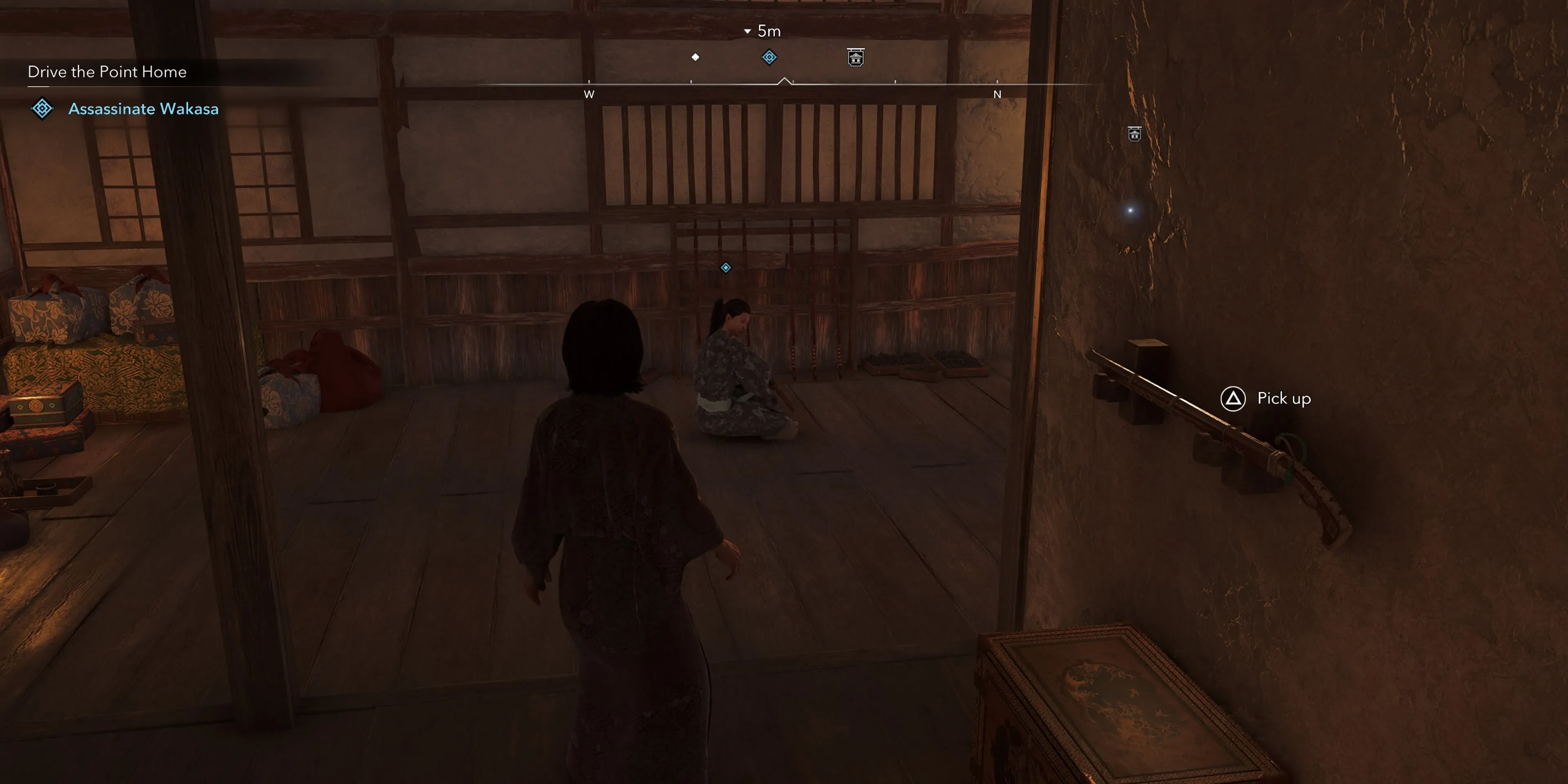 Naoe lấy khẩu súng hỏa mai Teppo trên tường để thực hiện cú kết liễu Wakasa, Golden Teppo trong Assassin's Creed Shadows