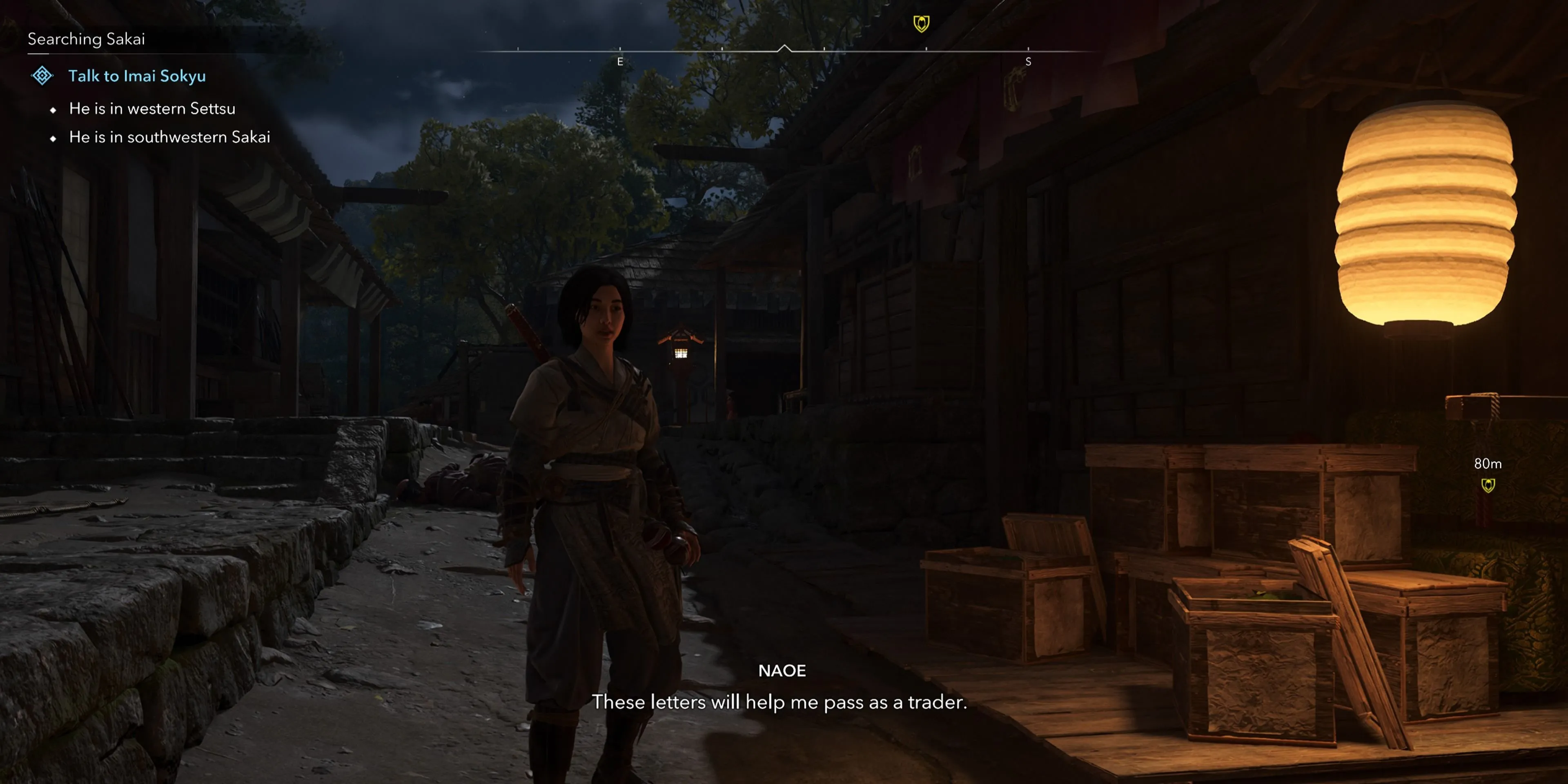 Naoe nghe lén kế hoạch của hai thợ rèn súng ở Sakai để lấy hợp đồng giả trong Assassin's Creed Shadows