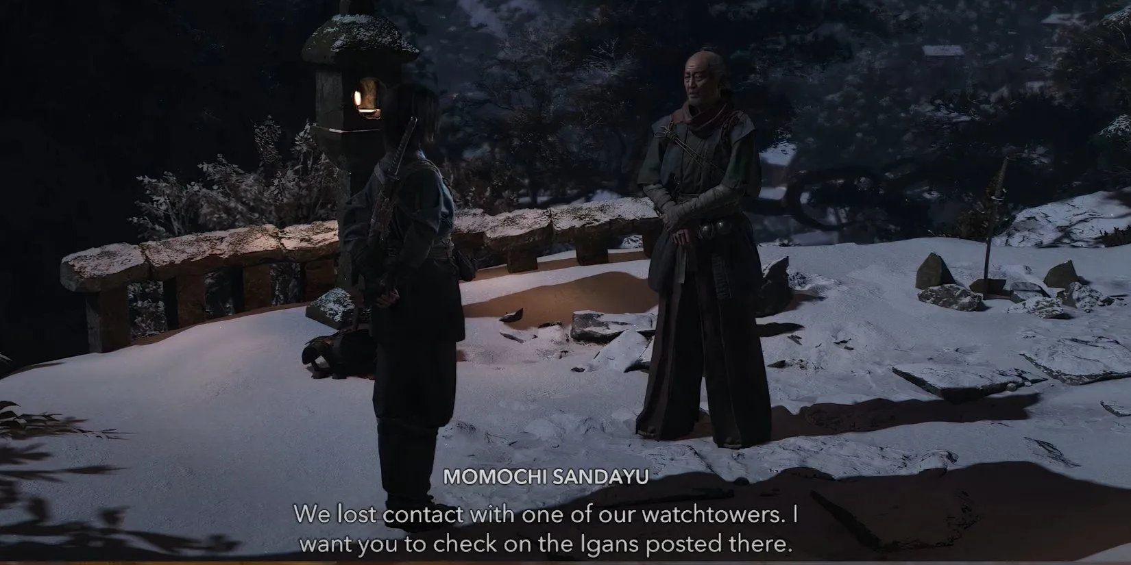 Naoe nói chuyện với Momochi khi bắt đầu chương 3 trong Assassins Creed Shadows
