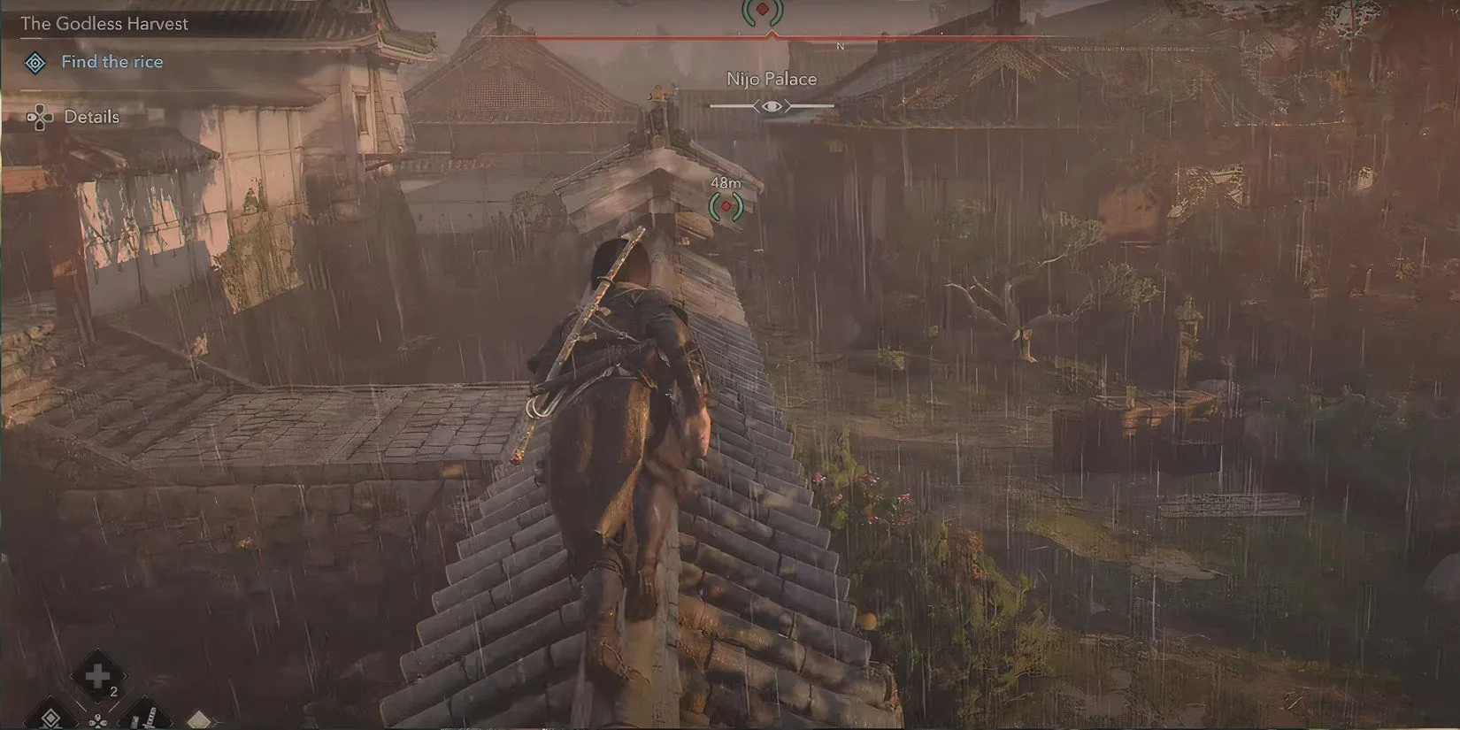 Naoe tìm kho gạo cùng Gennojo tại Cung điện Nijo trong Assassin's Creed Shadows