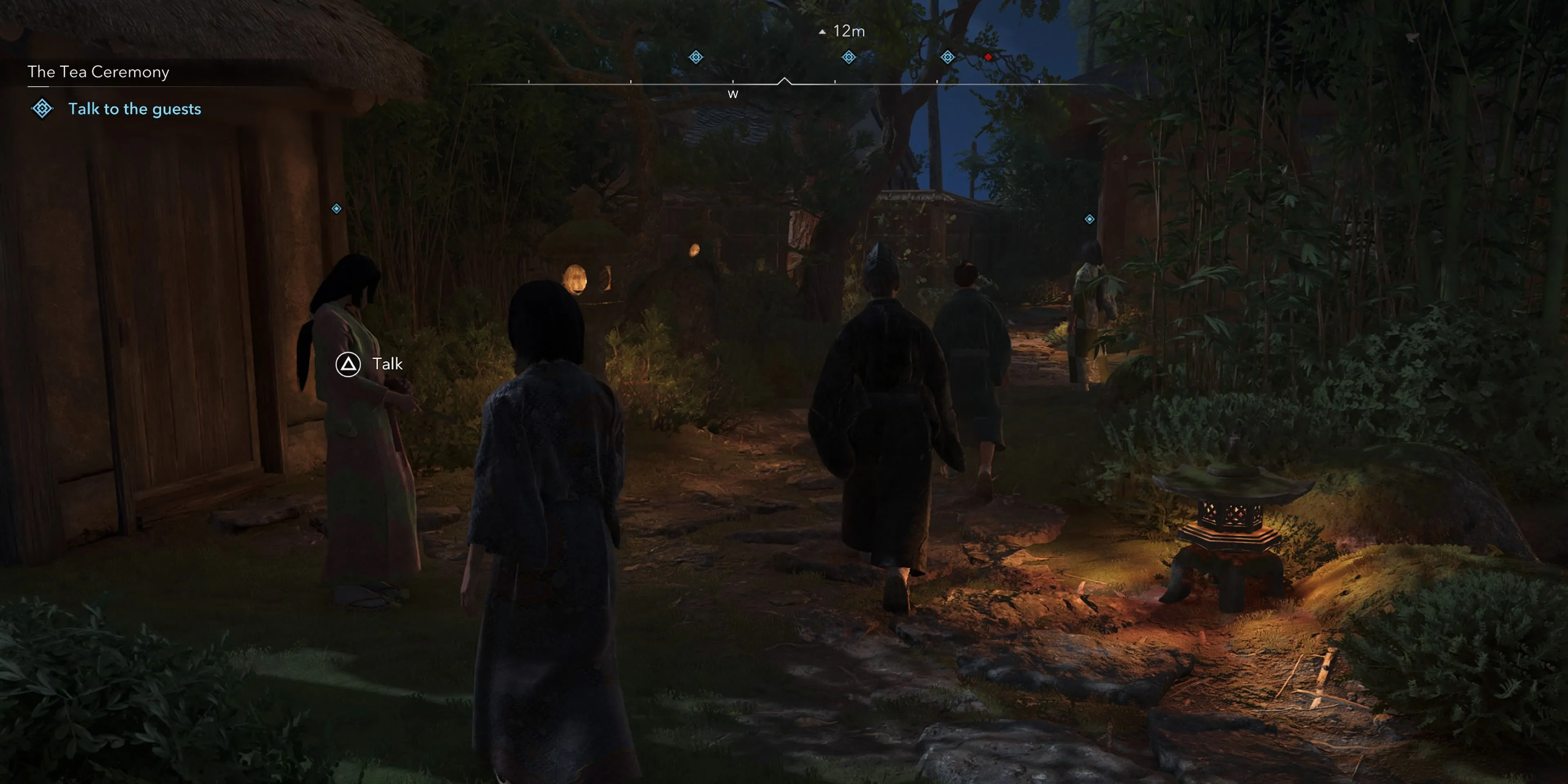 Naoe trò chuyện với ba vị khách nữ tại tiệc trà để thu thập manh mối về Golden Teppo trong Assassin's Creed Shadows