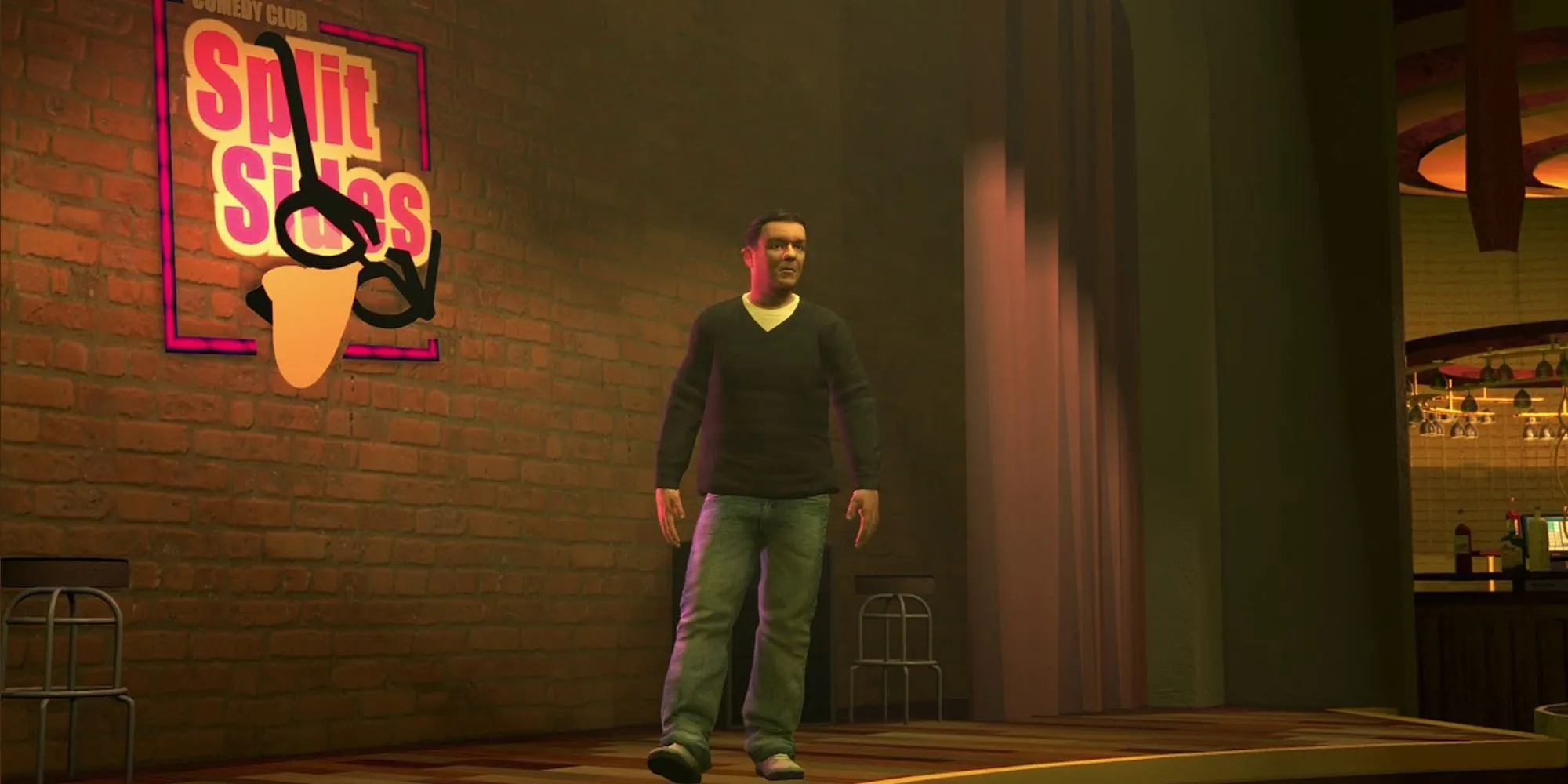 Nghệ sĩ hài Ricky Gervais biểu diễn tại câu lạc bộ Split Sides trong GTA 4