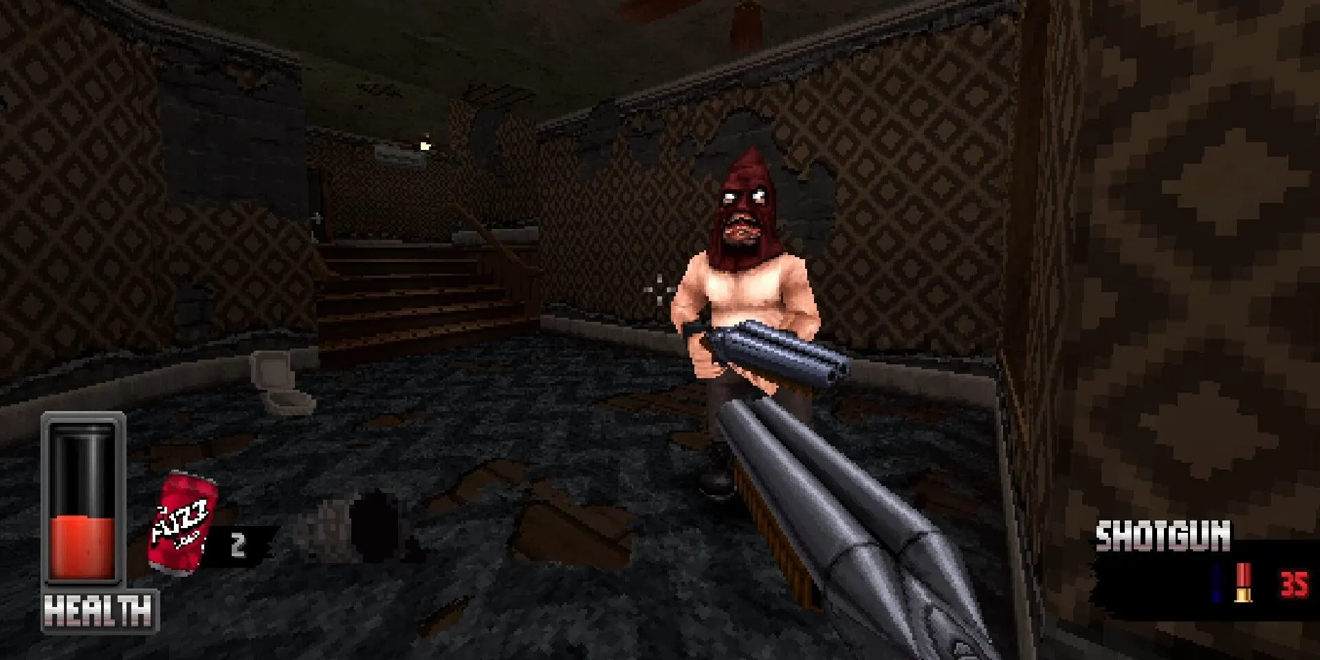 Người chơi chĩa súng shotgun vào kẻ thù trong game Cruel