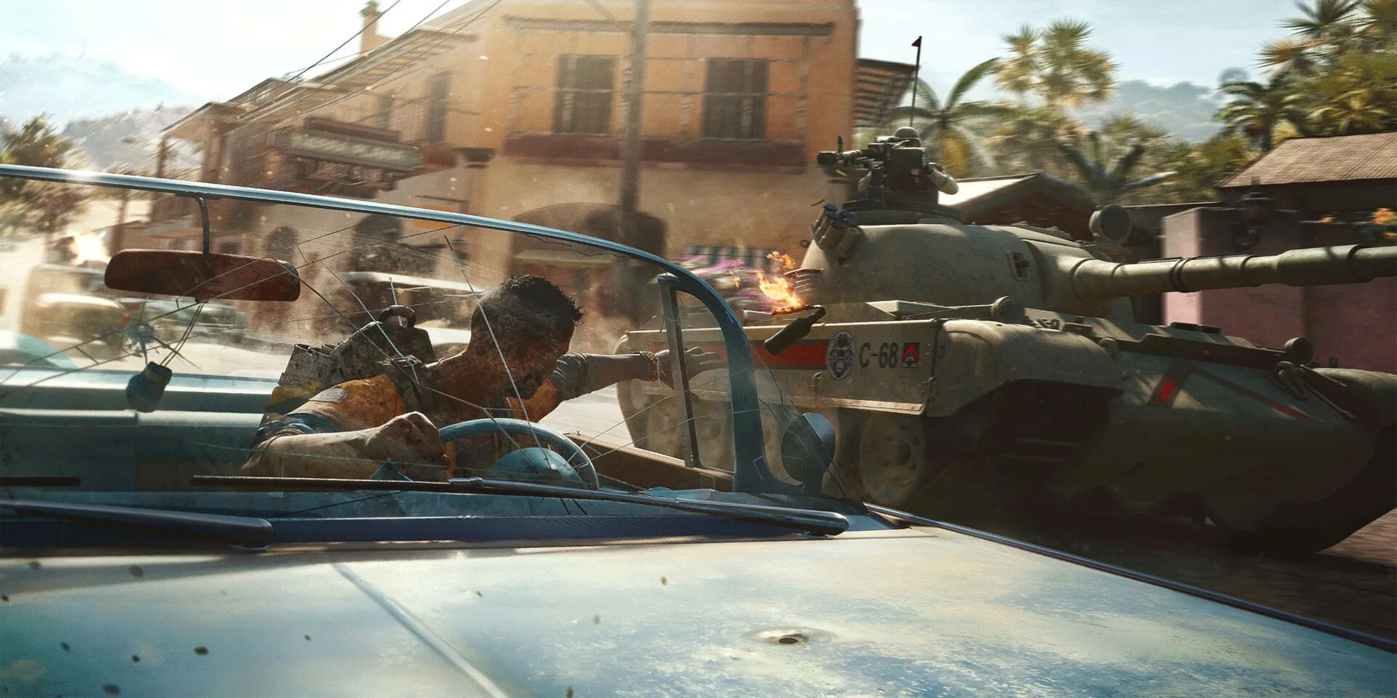 Người chơi lái xe và ném Molotov trong Far Cry 6 đầy kịch tính