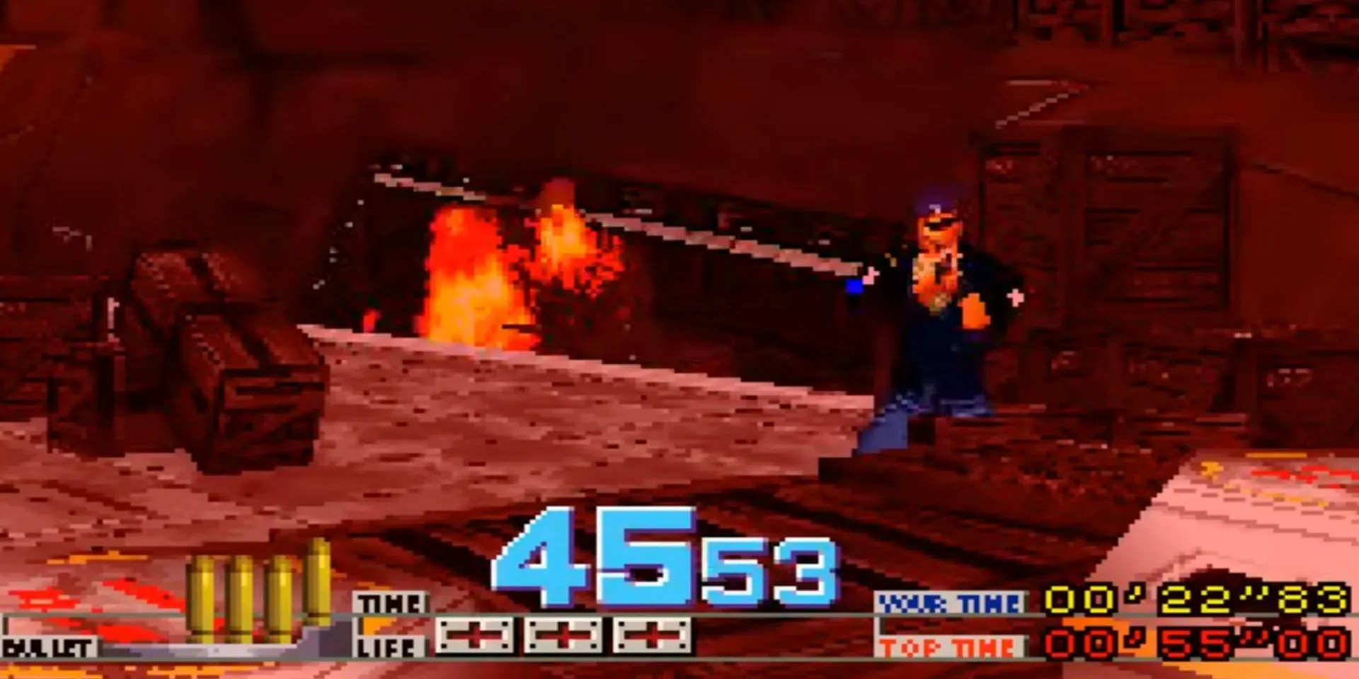Người chơi nhắm mục tiêu trong game bắn súng hồng ngoại Time Crisis tại thùng máy arcade