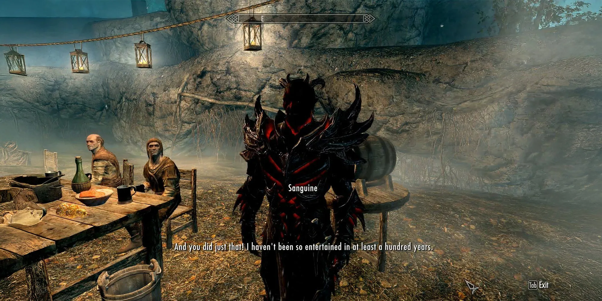 Người chơi thức dậy sau cuộc thi uống rượu với Sanguine trong Skyrim