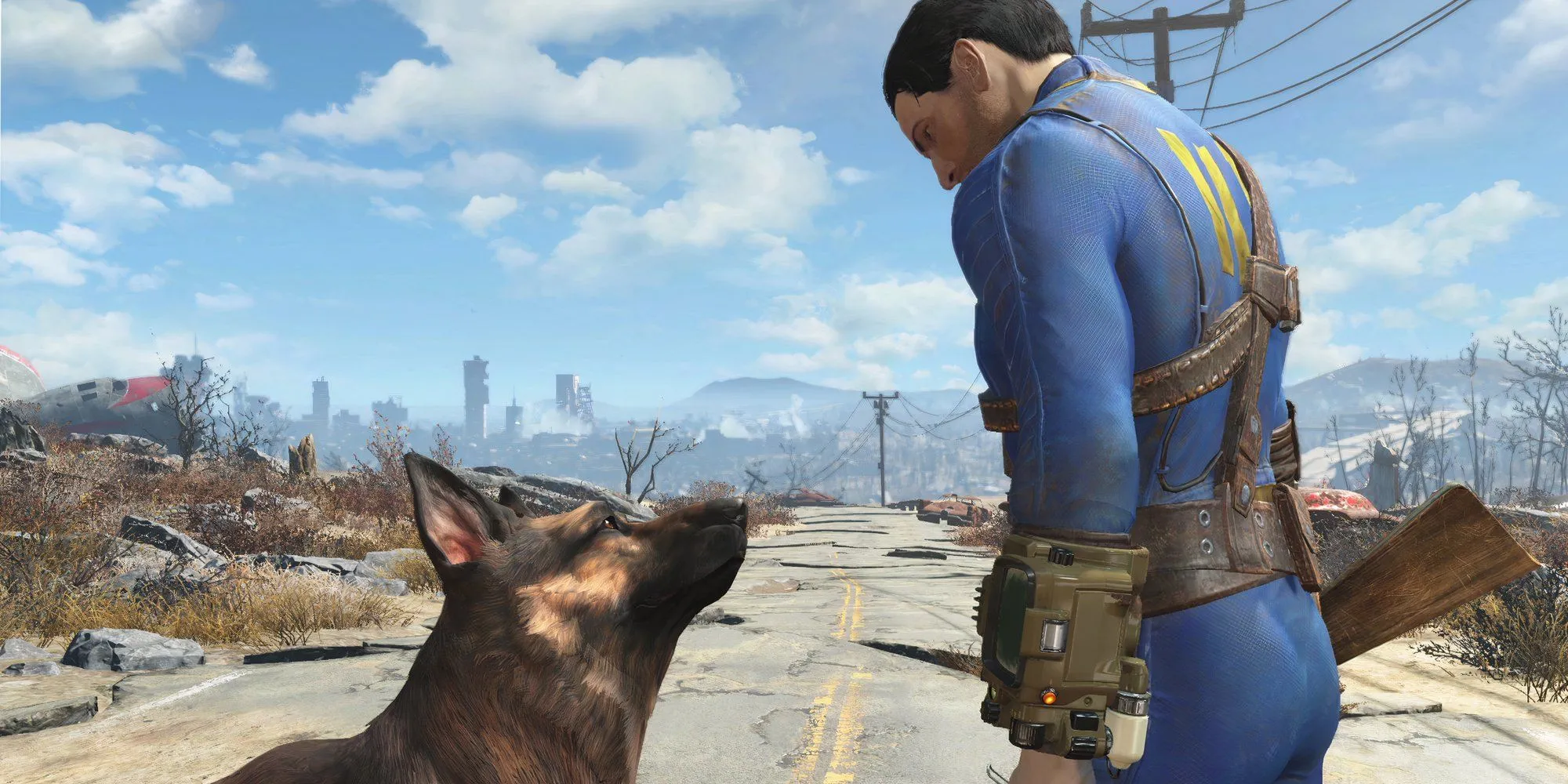 Người sống sót duy nhất trong Fallout 4 tương tác với Dogmeat bên ngoài