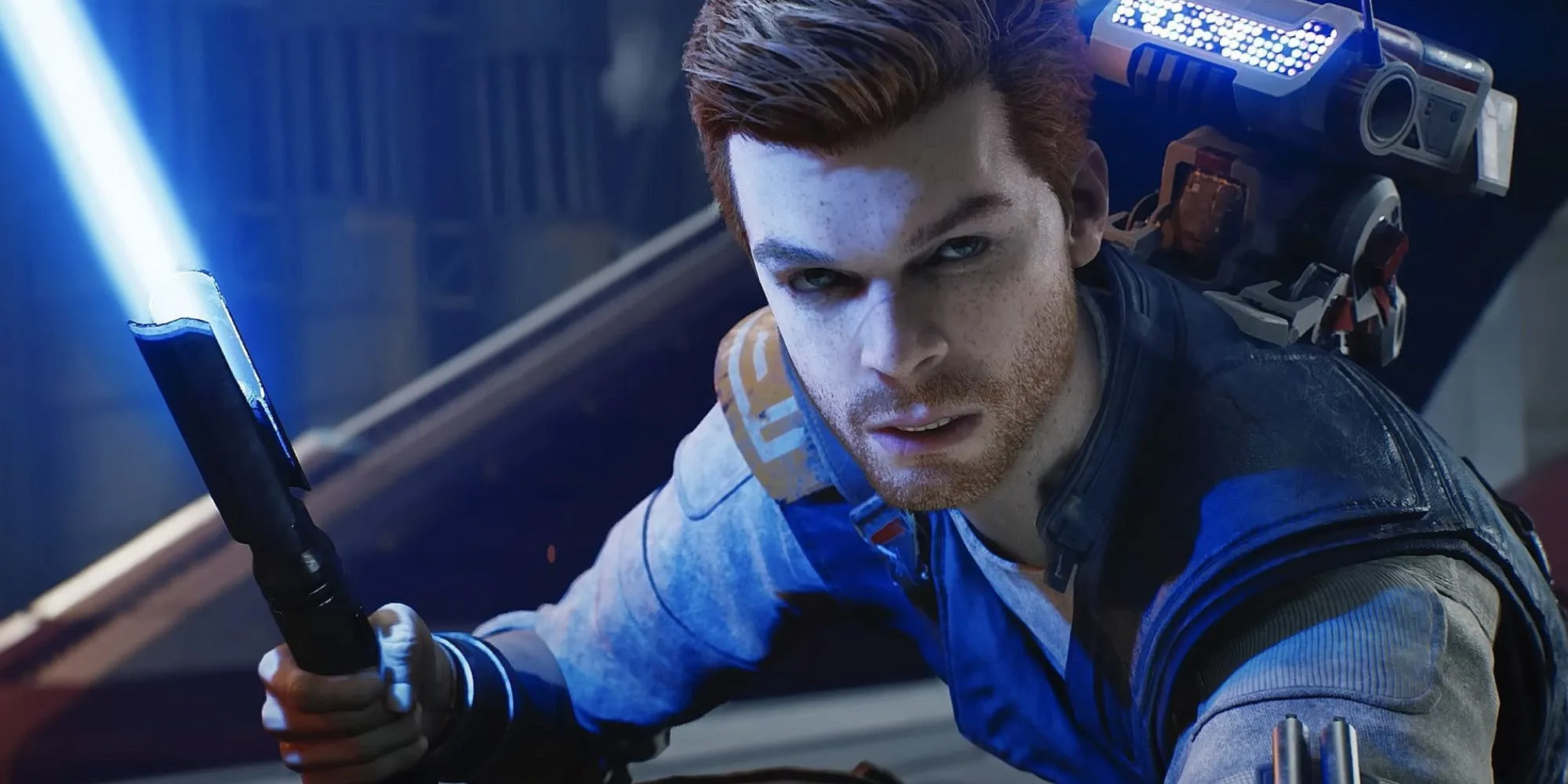 Nhân vật Cal Kestis trong Star Wars Jedi Survivor chuẩn bị chiến đấu với kiếm ánh sáng xanh