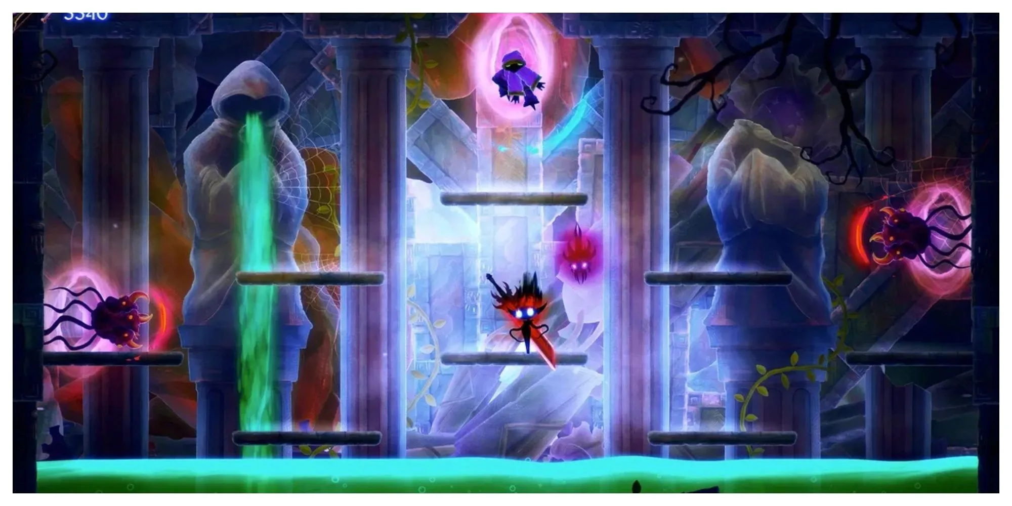 Nhân vật chính Gloom Girl với chiếc kiếm biết nói Doomblade, lơ lửng giữa không trung trong một môi trường hang động tăm tối của Doomblade.