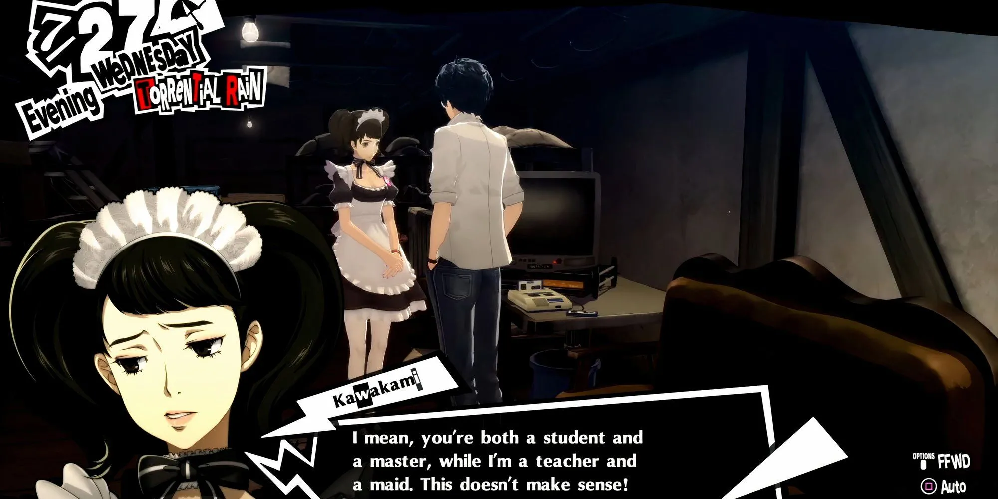Nhân vật chính Joker bày tỏ tình cảm với cô giáo Kawakami trong Persona 5 Royal.