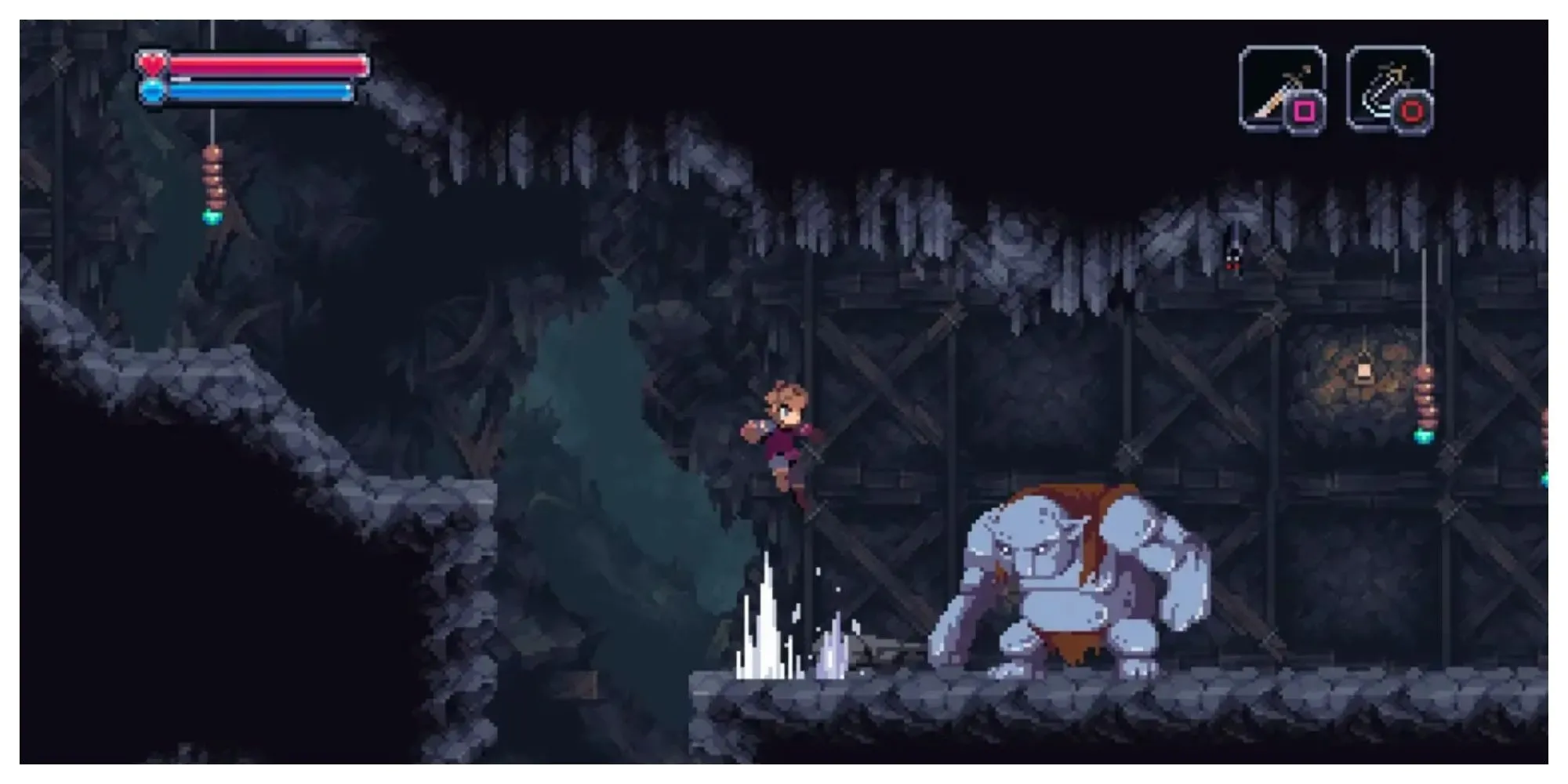 Nhân vật chính khám phá hầm ngục trong Chasm, game Roguevania có đồ họa pixel tươi sáng