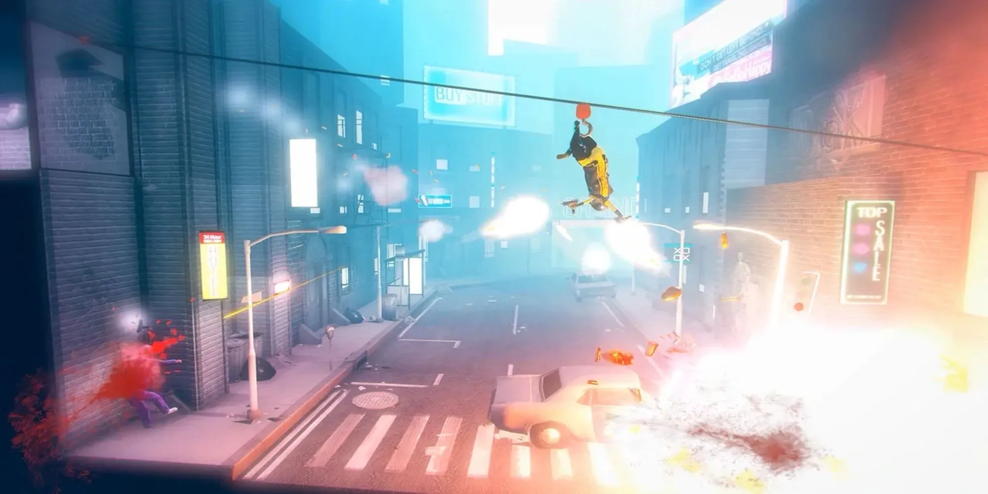 Nhân vật chính trong game My Friend Pedro đang thực hiện các động tác nhào lộn kết hợp bắn súng trong chế độ làm chậm thời gian.