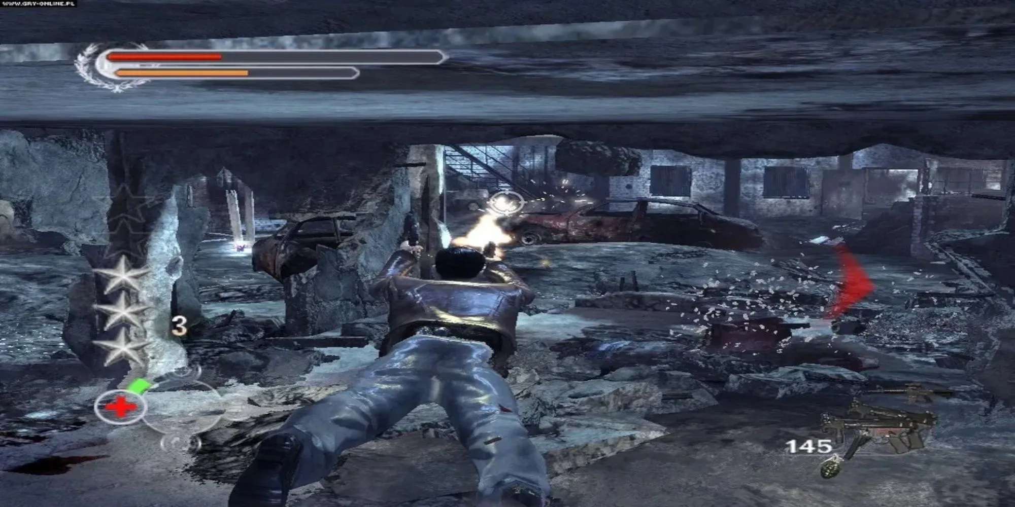 Nhân vật chính trong game Stranglehold, giống Châu Nhuận Phát, đang bắn súng trong một cảnh hành động hoành tráng.