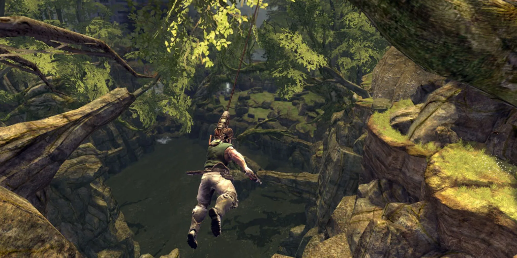 Nhân vật chính với cánh tay máy trong Bionic Commando 2009, một bản reboot game hành động đáng thất vọng
