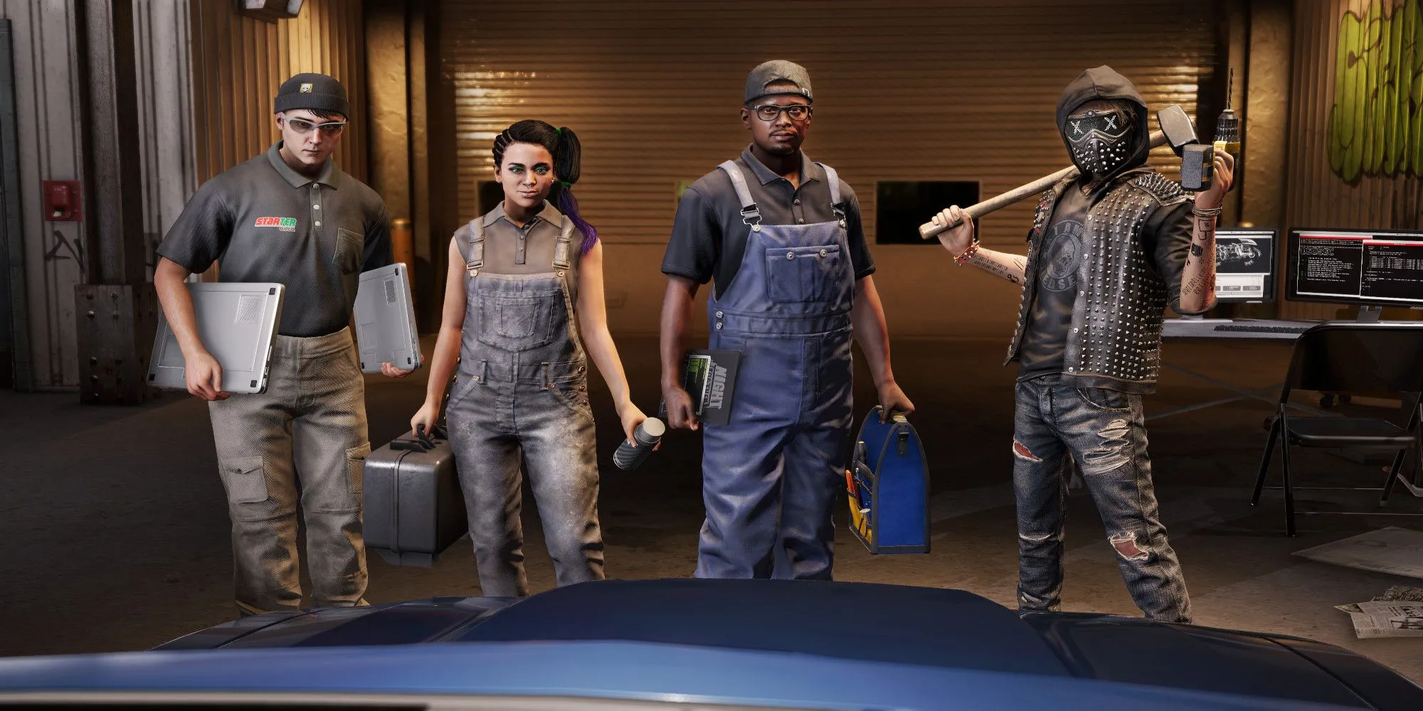 Nhân vật chính Watch Dogs 2 cùng đồng đội và chiếc xe phong cách