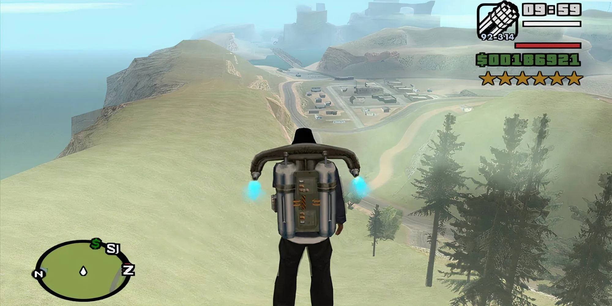 Nhân vật CJ trong GTA San Andreas đang đeo Jetpack và bay trên bầu trời Los Santos.