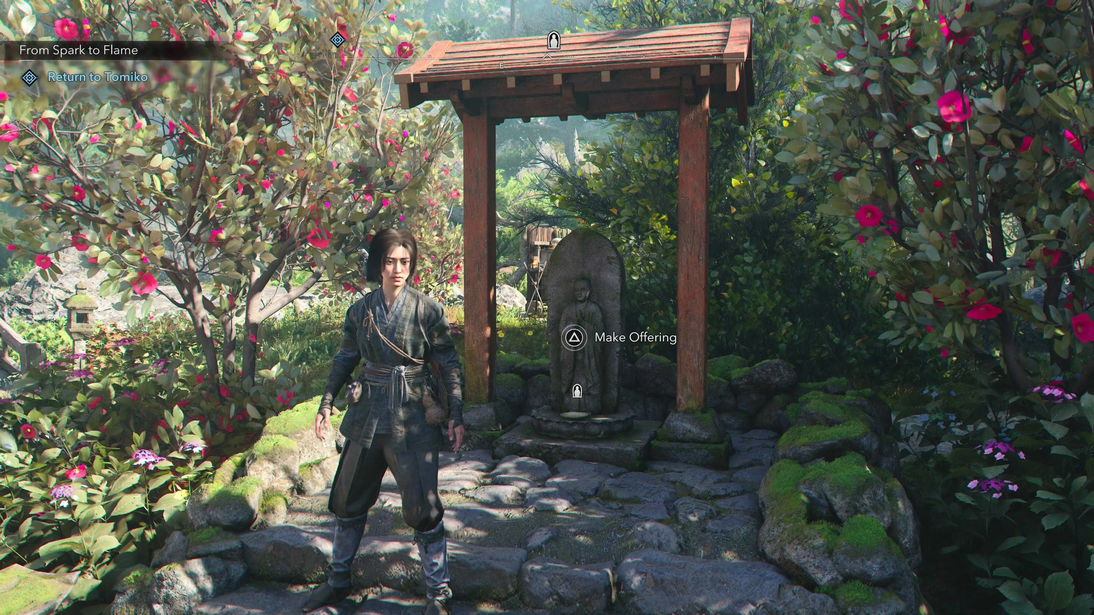 Nhân vật dâng lễ vật tại đền thờ trong Assassin's Creed Shadows để nhận XP