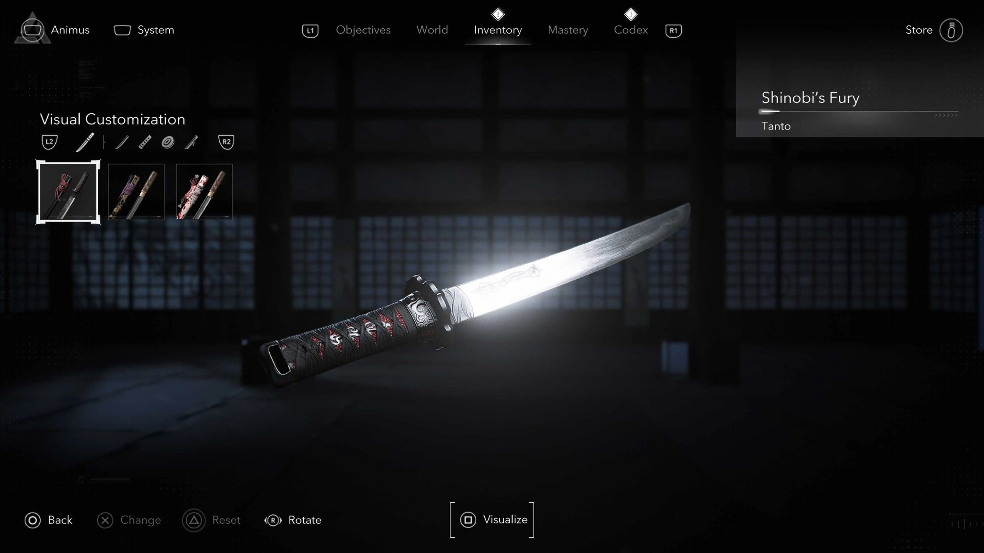 Nhân vật đang tùy chỉnh ngoại hình của một món trang bị trong menu của Assassin's Creed Shadows