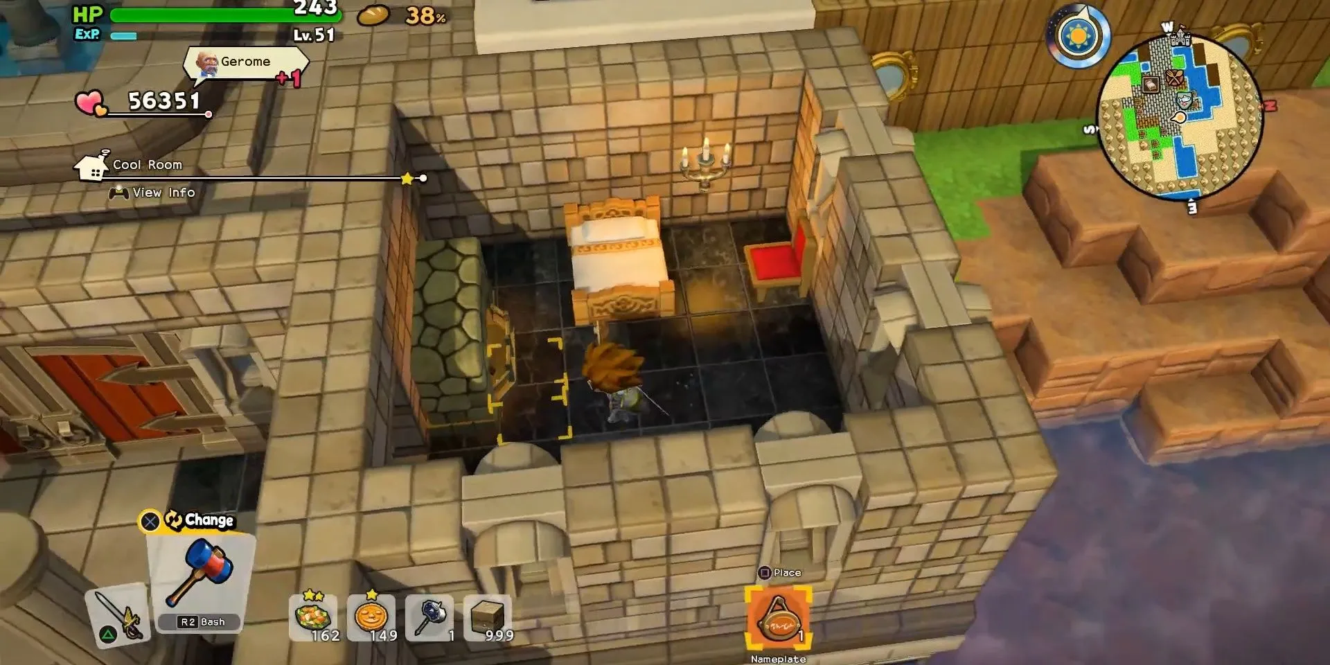 Nhân vật đang xây dựng một phòng ngủ trong Dragon Quest Builders 2 với giường, bàn và các vật dụng trang trí