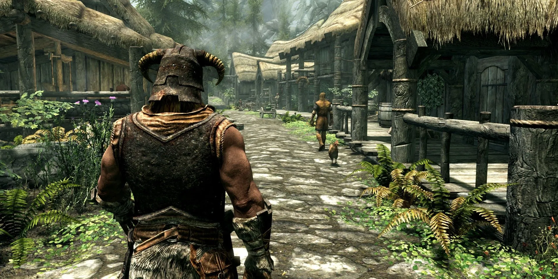 Nhân vật Dragonborn đứng tại Riverwood, khám phá thế giới rộng lớn của The Elder Scrolls 5: Skyrim