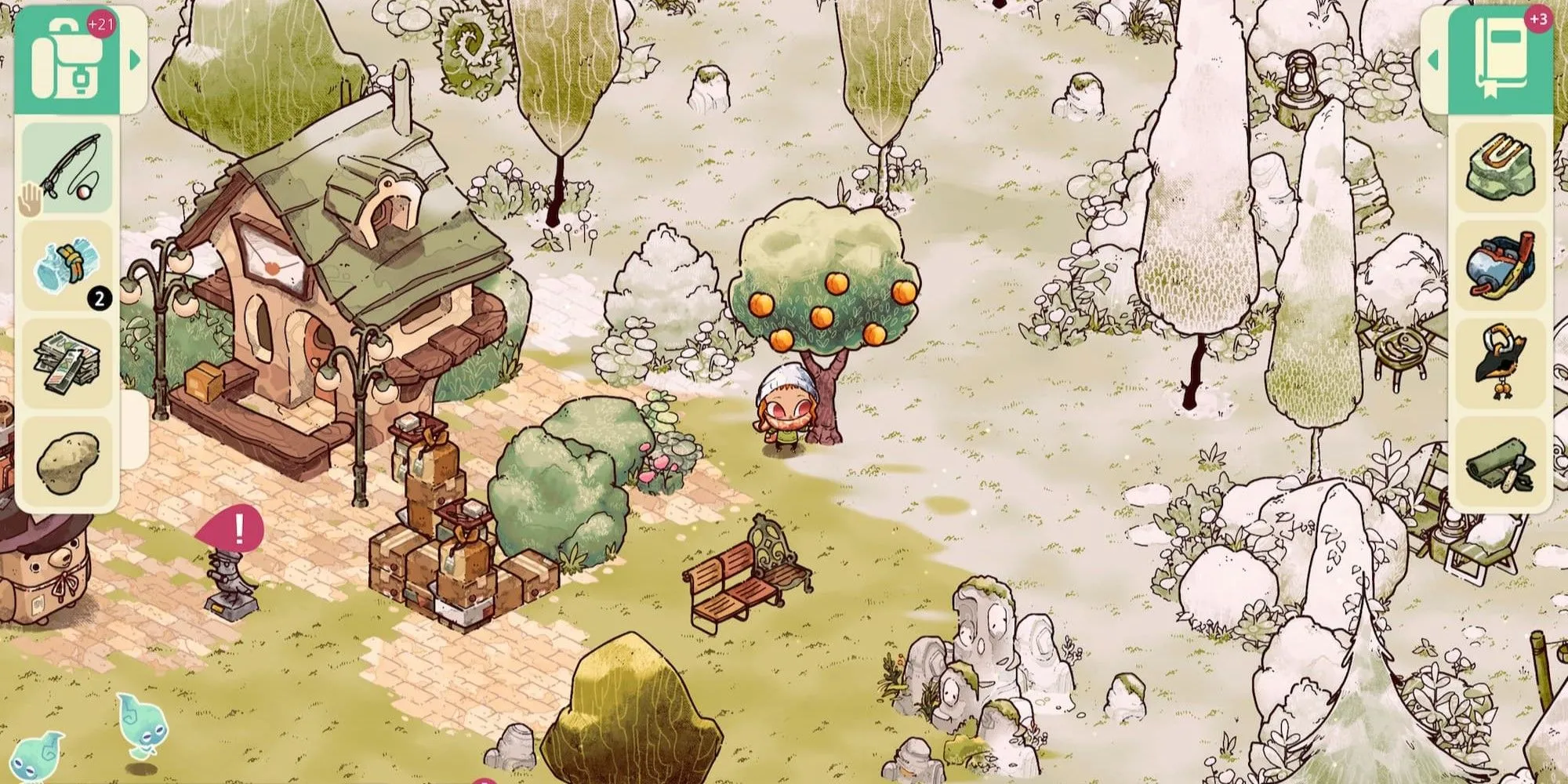 Nhân vật đứng cạnh cây cam trên đảo ma ám trong game Cozy Grove