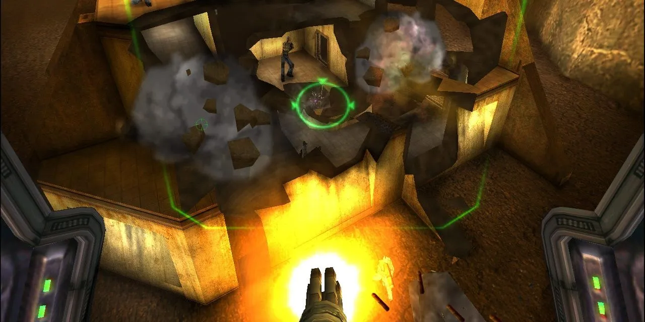 Nhân vật dùng minigun phá hủy địa hình trong game Red Faction
