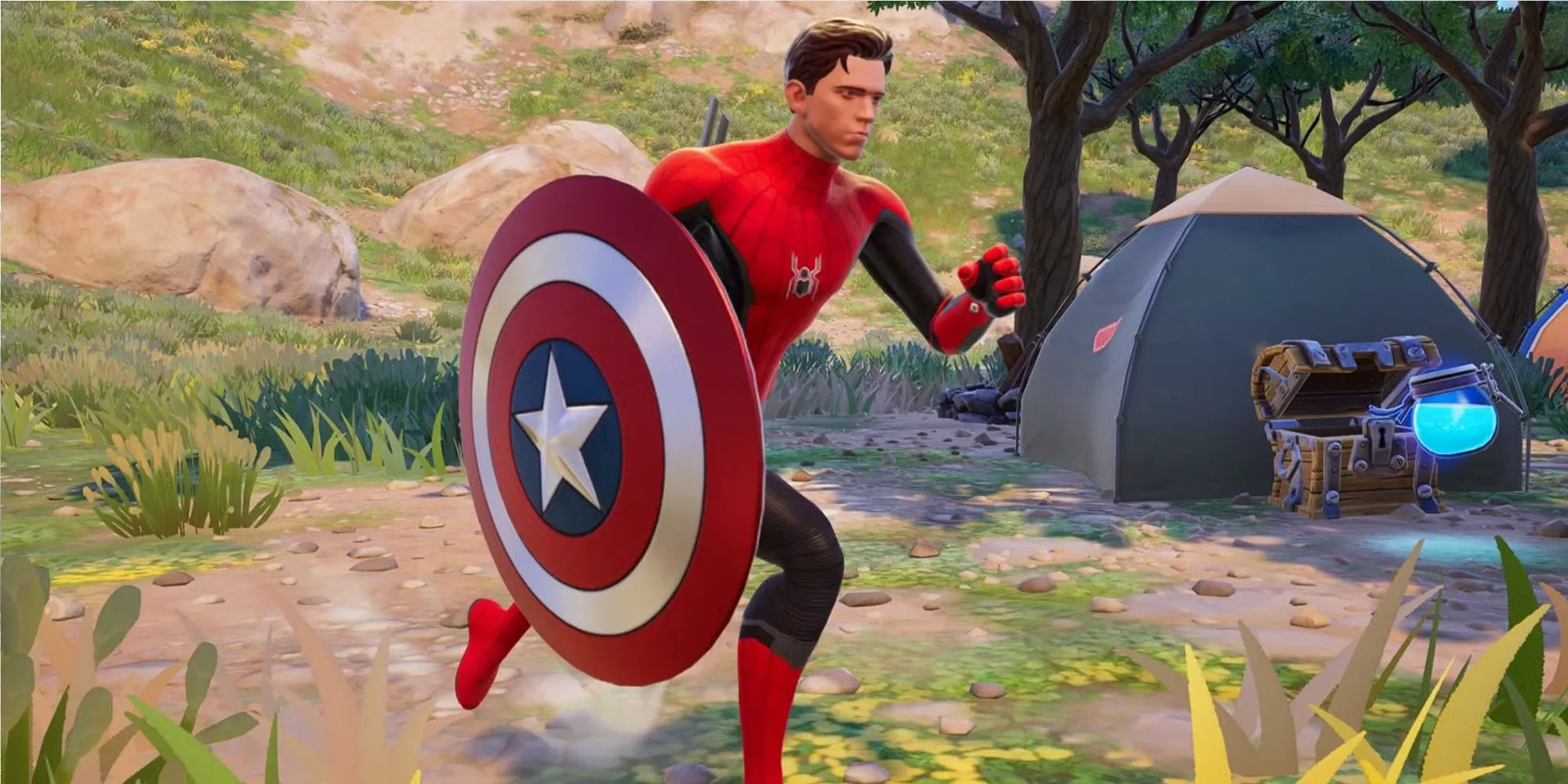 Nhân vật Fortnite sử dụng khiên của Captain America, một ví dụ về collab skin