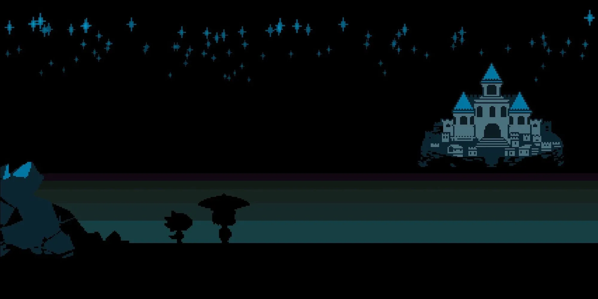Nhân vật Frisk và Monster Kid đứng trước lâu đài, một cảnh đáng nhớ trong game RPG Undertale