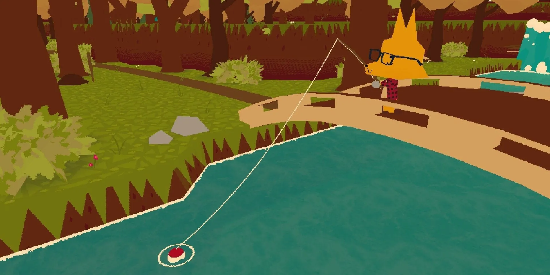 Nhân vật game đang câu cá trên một cây cầu gỗ trong Webfishing với khung cảnh hoàng hôn