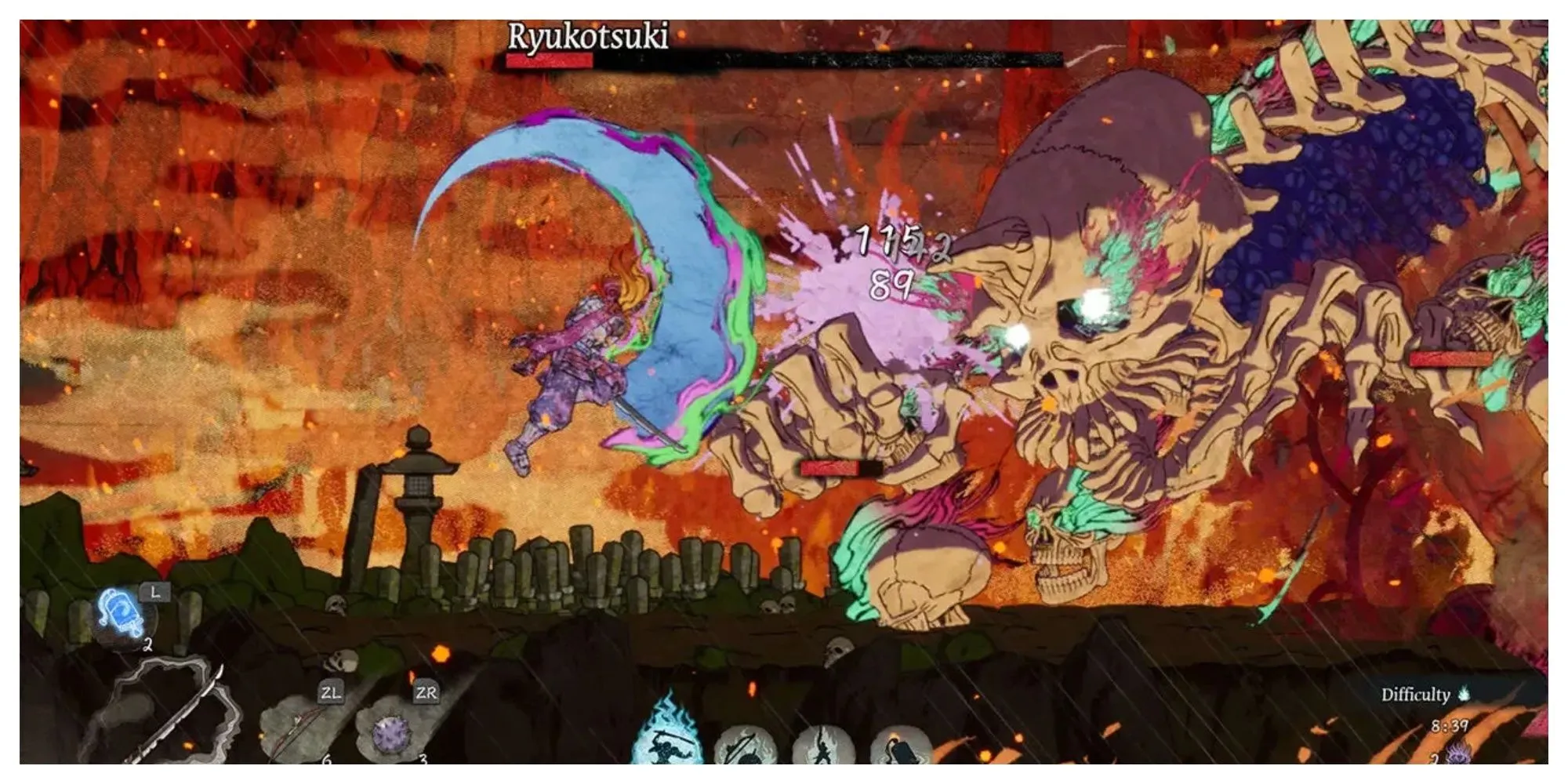 Nhân vật Getsu Fuma chiến đấu trong GetsuFumaDen Undying Moon - một game Roguevania đồ họa Ukiyo-e