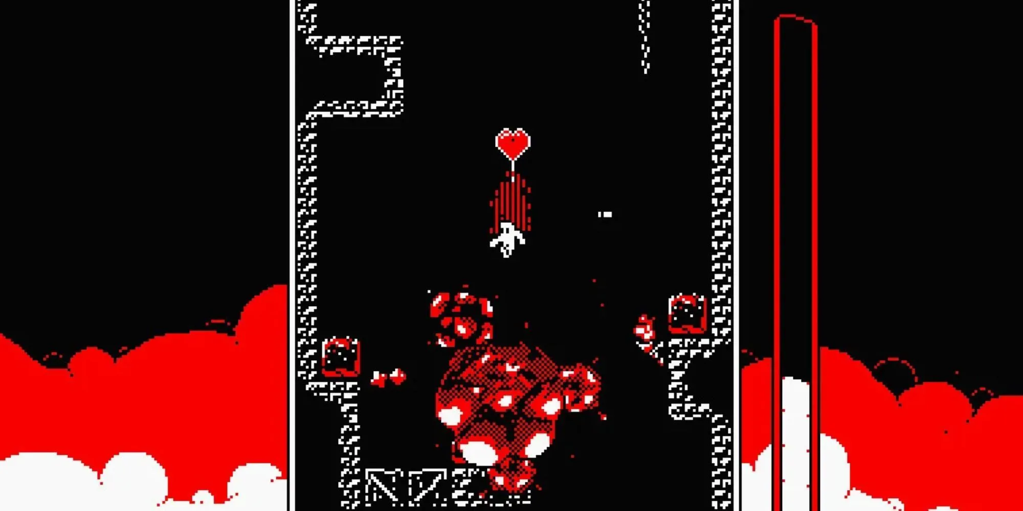 Nhân vật né tránh các vụ nổ khi rơi tự do trong game Downwell, một tựa game roguelike đồ họa 3 màu