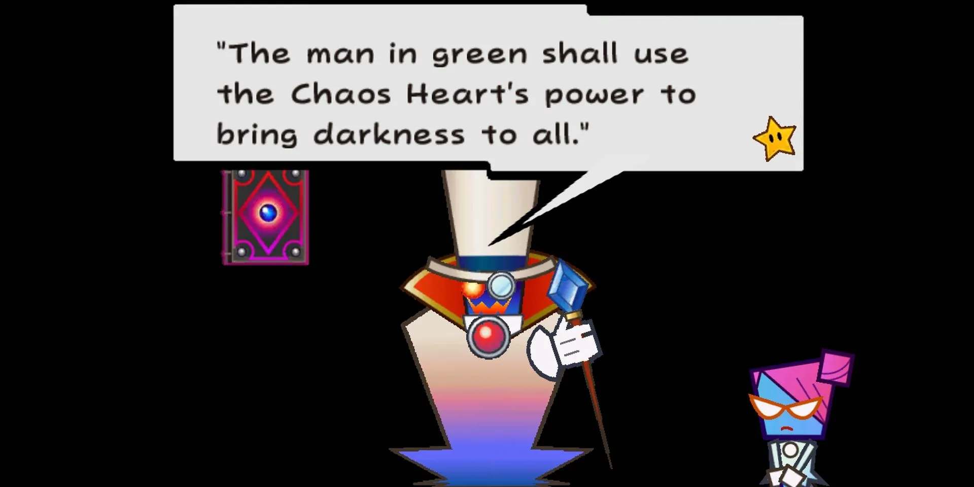 Nhân vật phản diện Count Bleck đọc Sách Tiên Tri Tối trong Super Paper Mario