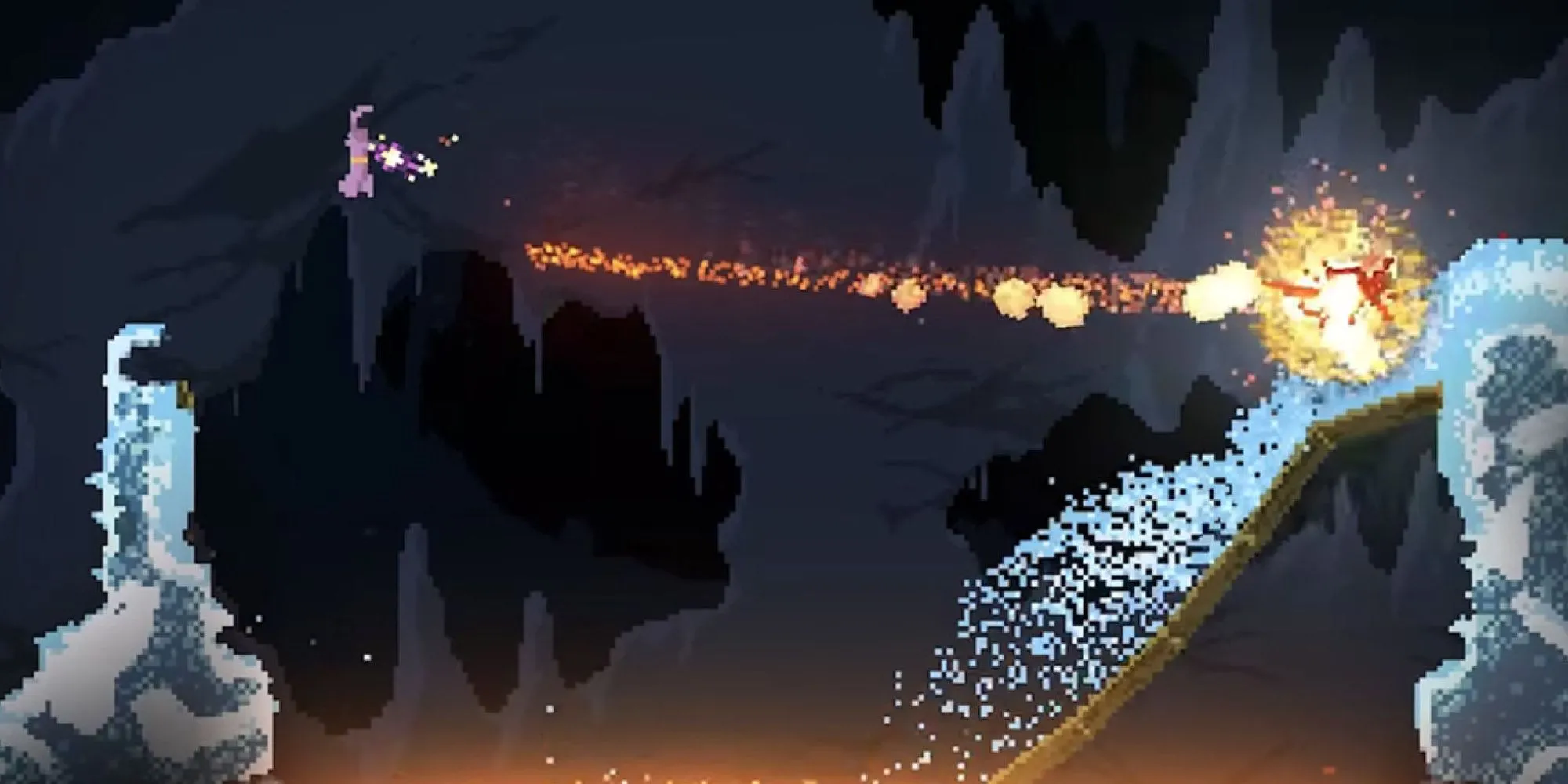Nhân vật phù thủy và hiệu ứng vật lý pixel trong game Roguelike Noita