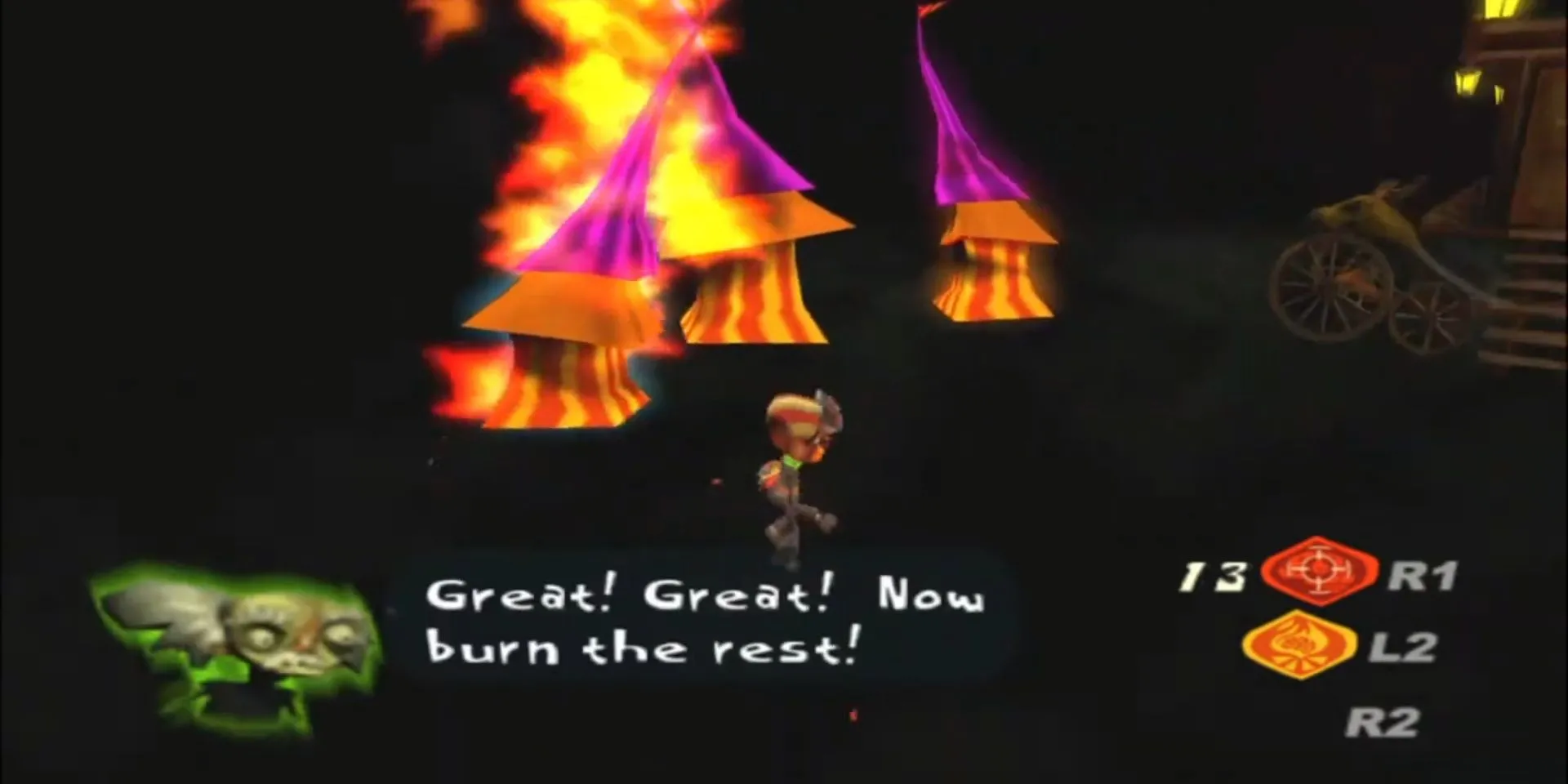 Nhân vật Raz sử dụng năng lực Pyrokinesis để tạo lửa trong game Psychonauts